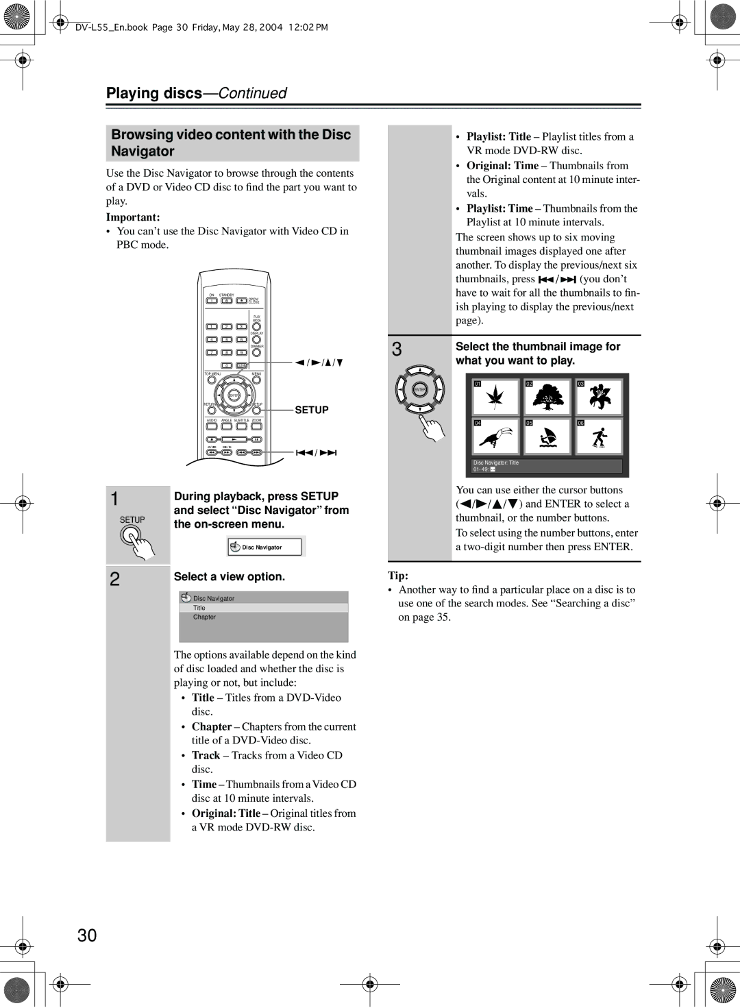 Onkyo DV-L55 instruction manual Browsing video content with the Disc Navigator 