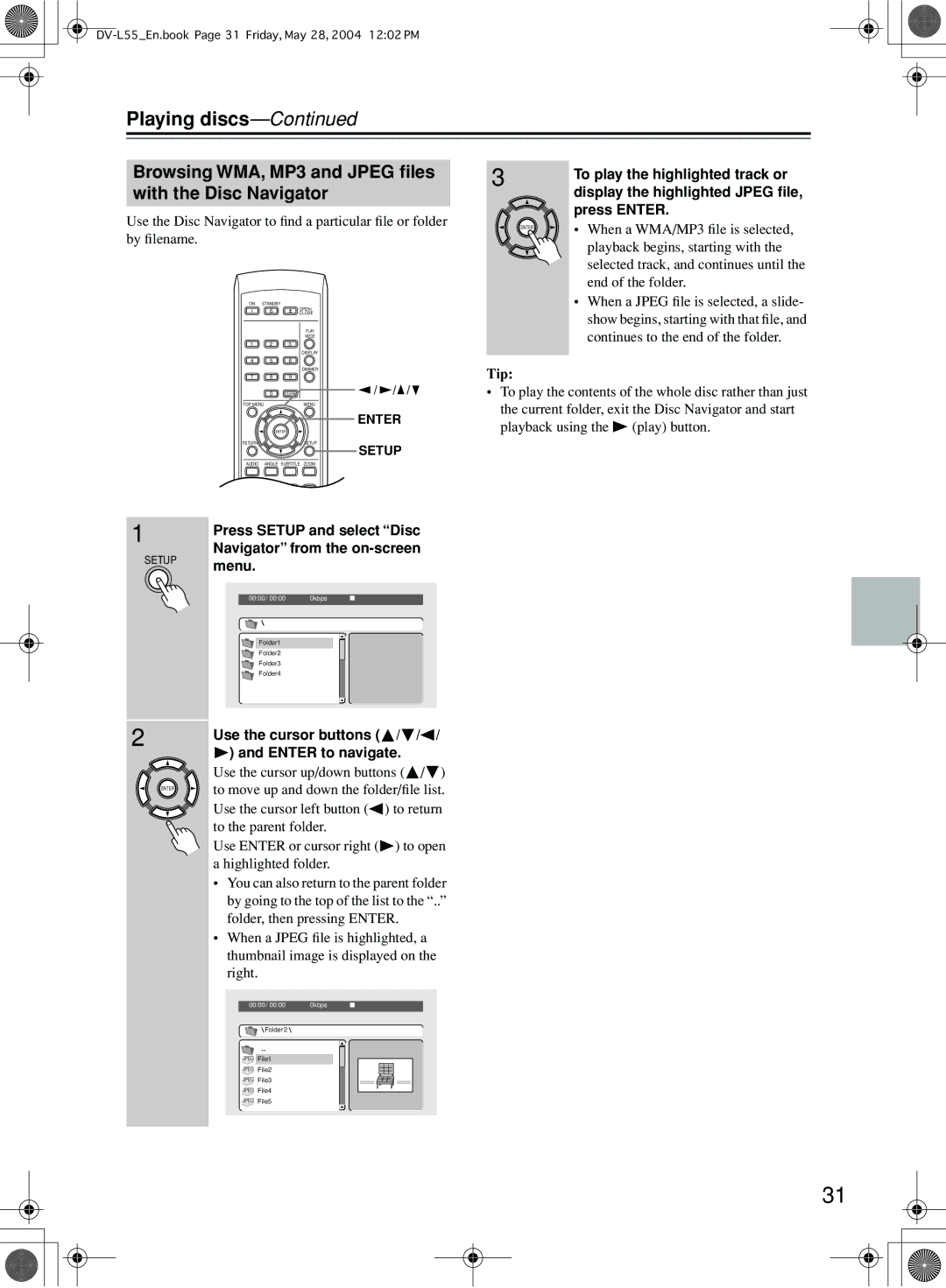 Onkyo DV-L55 instruction manual Browsing WMA, MP3 and Jpeg ﬁles with the Disc Navigator 