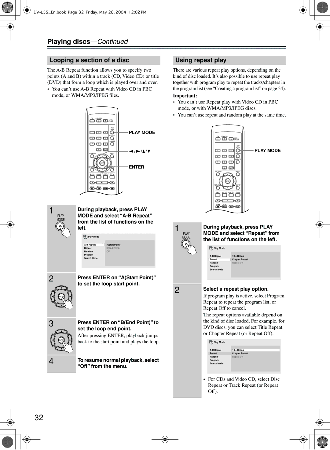 Onkyo DV-L55 instruction manual Looping a section of a disc, Using repeat play 