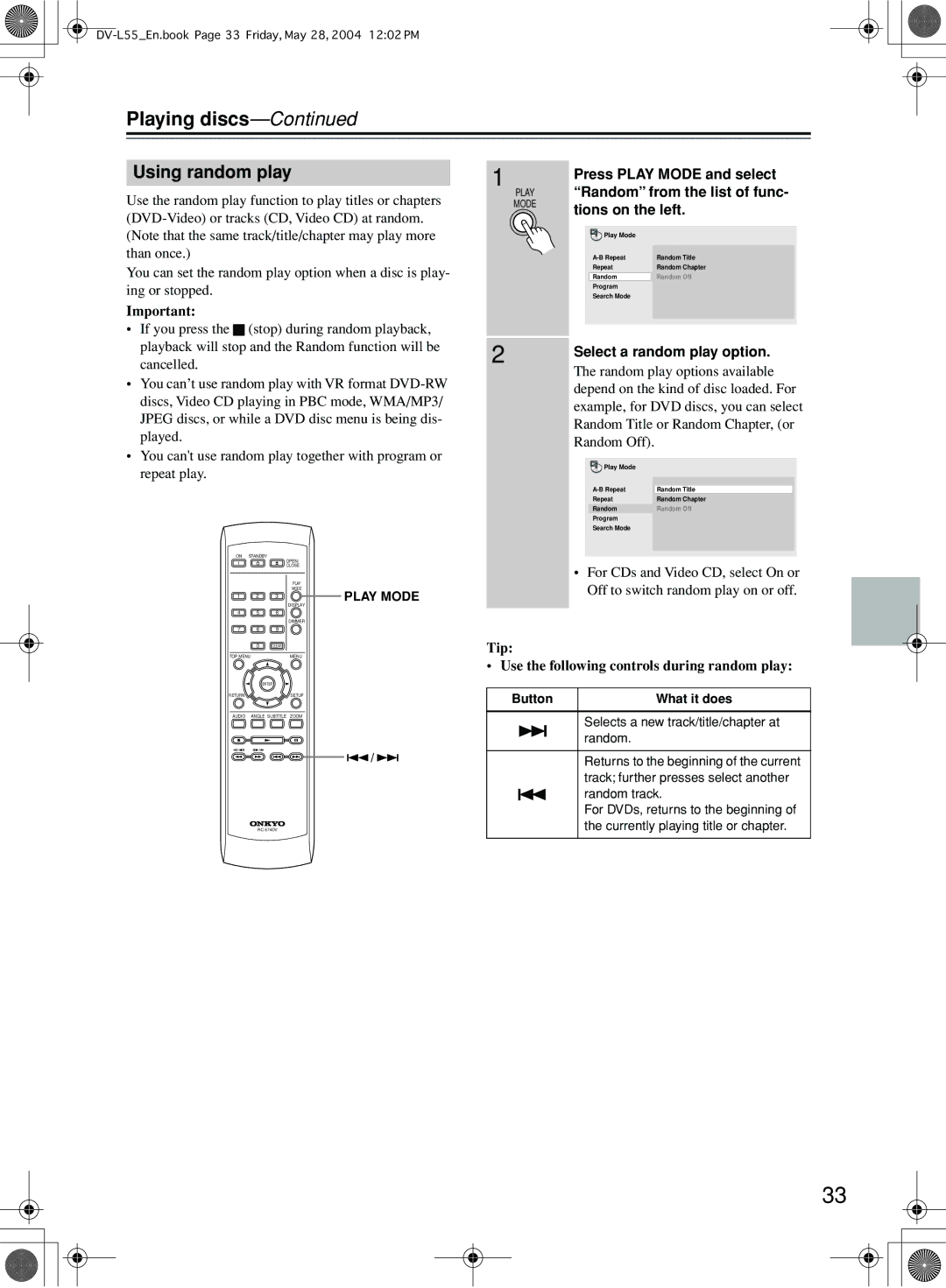 Onkyo DV-L55 Using random play, Press Play Mode and select, Random from the list of func, Tions on the left 