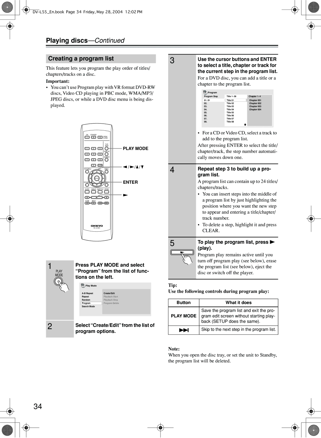 Onkyo DV-L55 instruction manual Creating a program list 