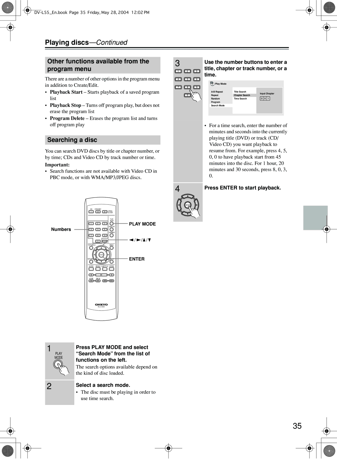 Onkyo DV-L55 instruction manual Other functions available from the program menu, Searching a disc 