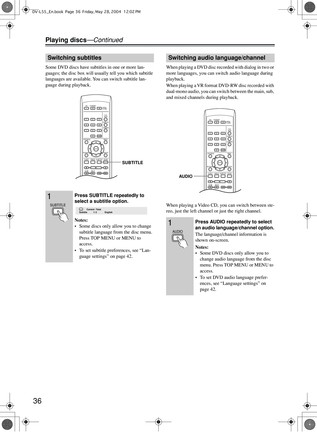 Onkyo DV-L55 Switching subtitles Switching audio language/channel, Press Subtitle repeatedly to, Select a subtitle option 