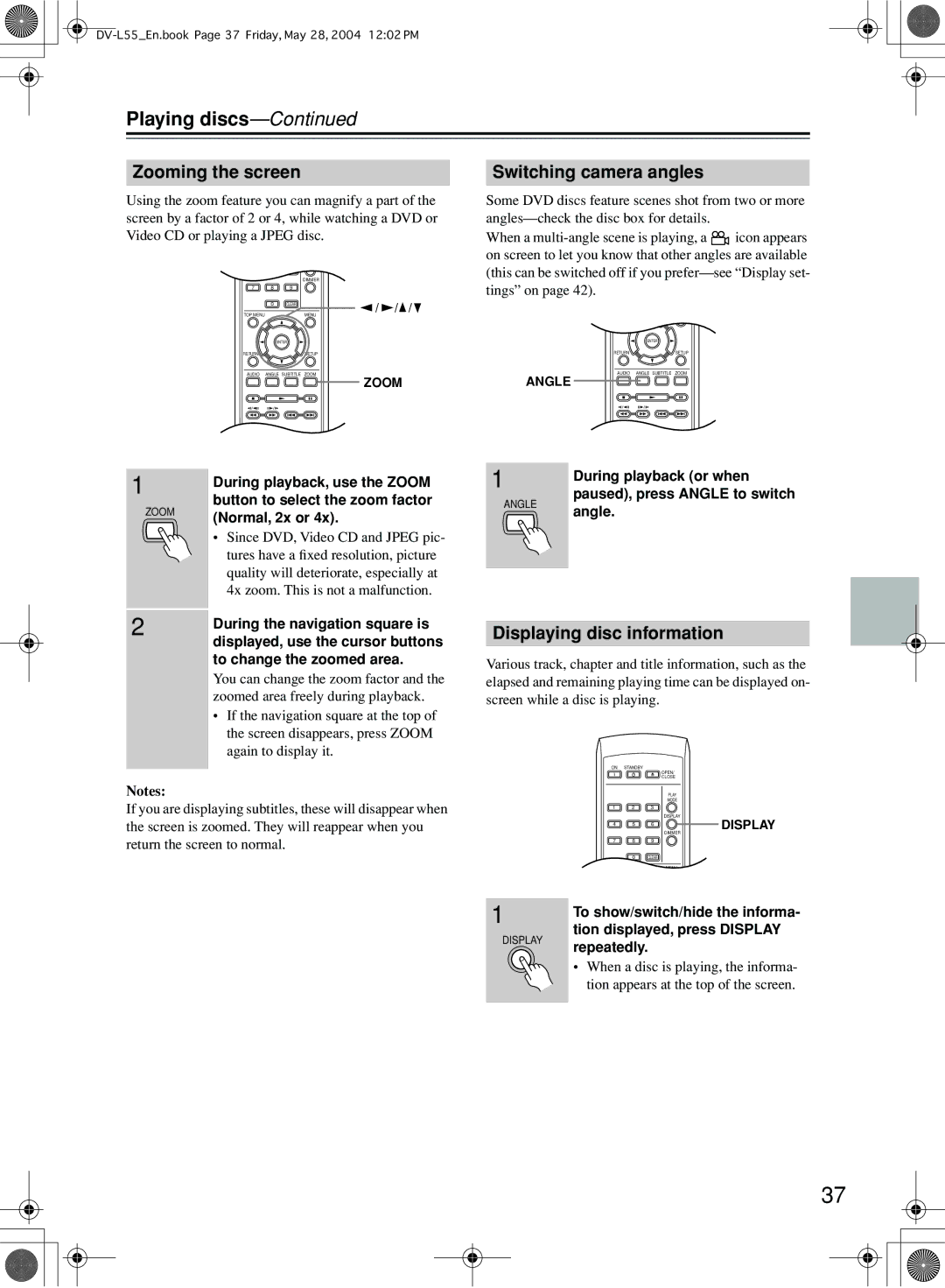 Onkyo DV-L55 instruction manual Zooming the screen, Switching camera angles, Displaying disc information 