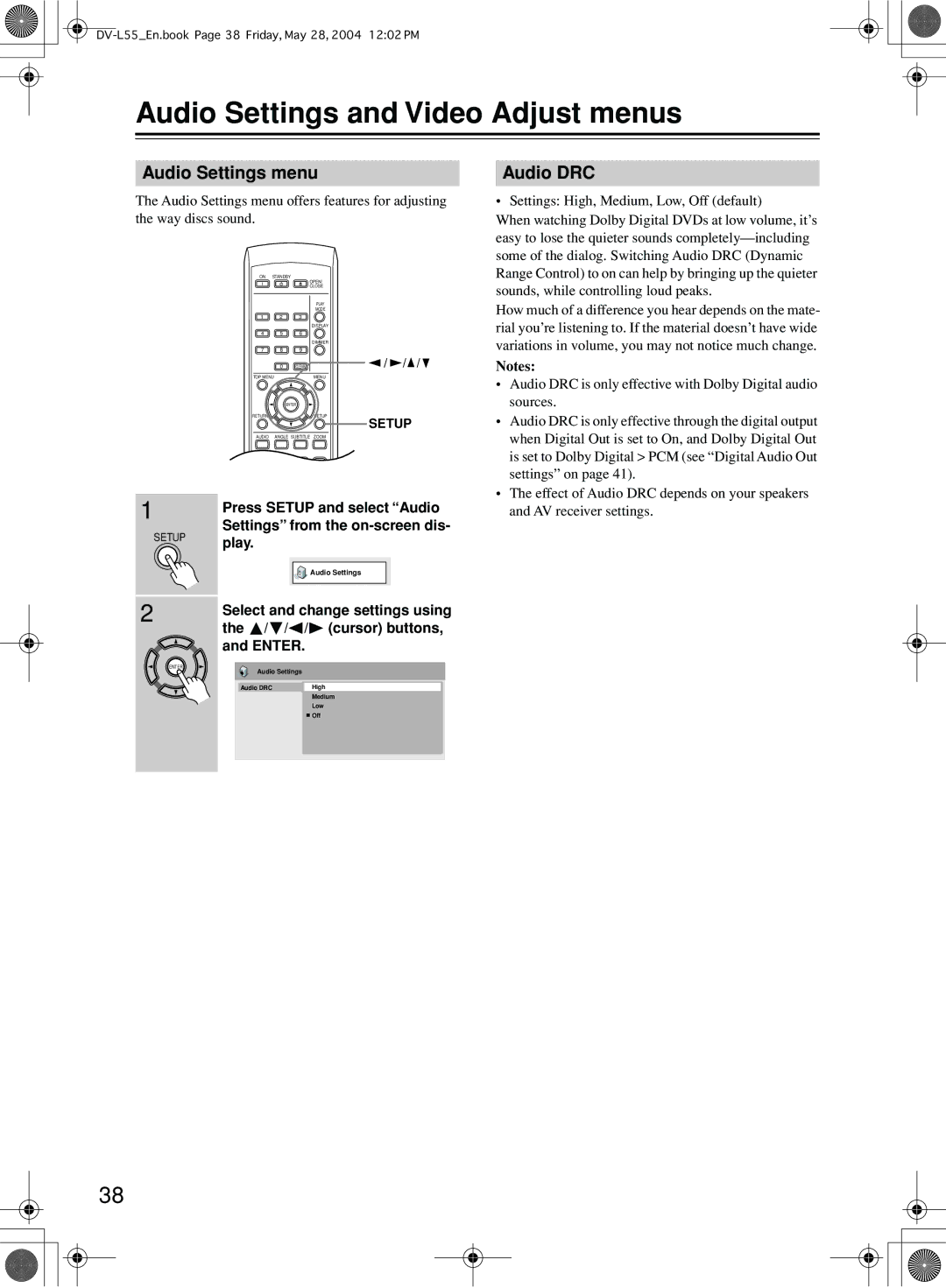 Onkyo DV-L55 instruction manual Audio Settings and Video Adjust menus, Audio Settings menu, Audio DRC 