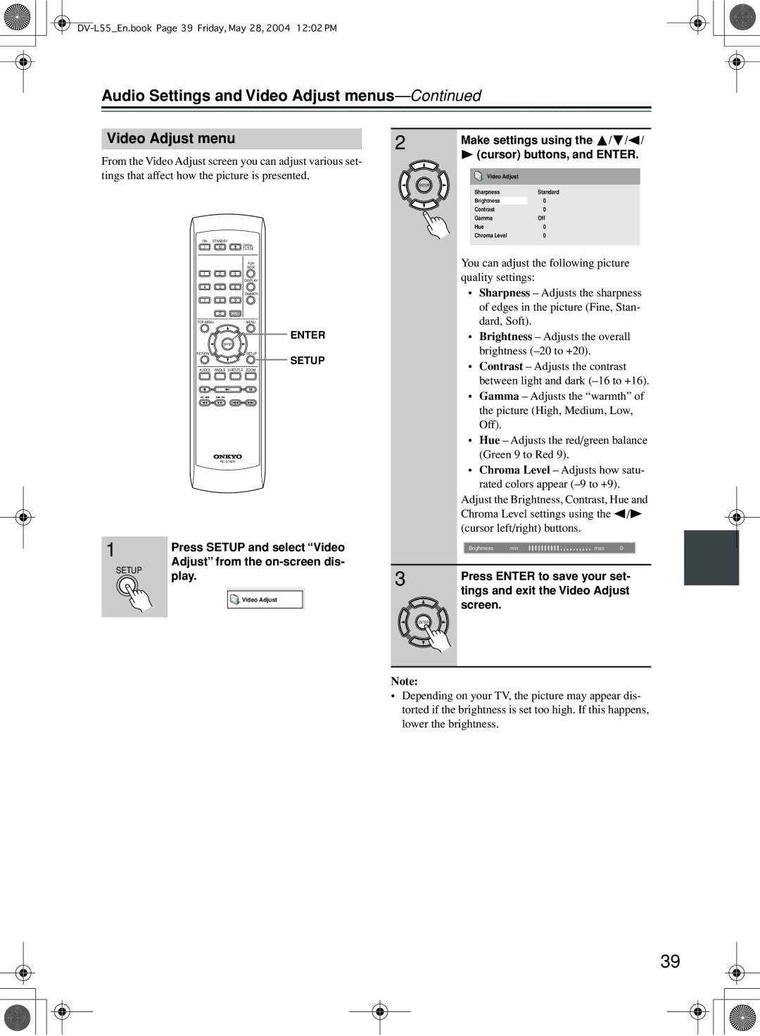 Onkyo DV-L55 instruction manual Audio Settings and Video Adjust menus 