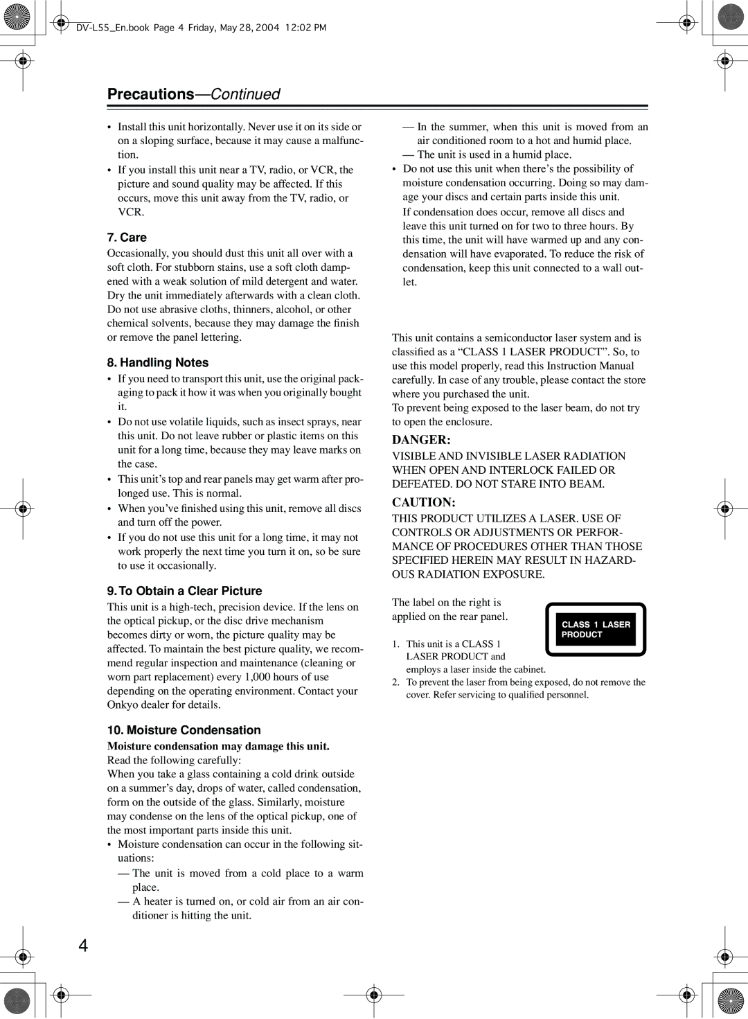 Onkyo DV-L55 instruction manual Precautions, Moisture condensation may damage this unit 