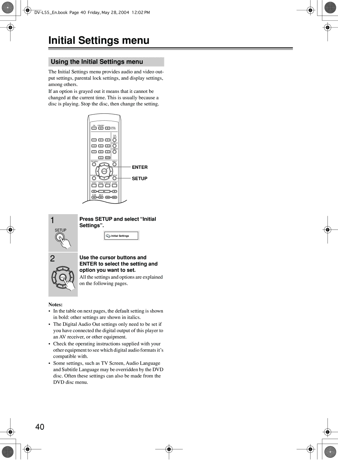 Onkyo DV-L55 instruction manual Using the Initial Settings menu 