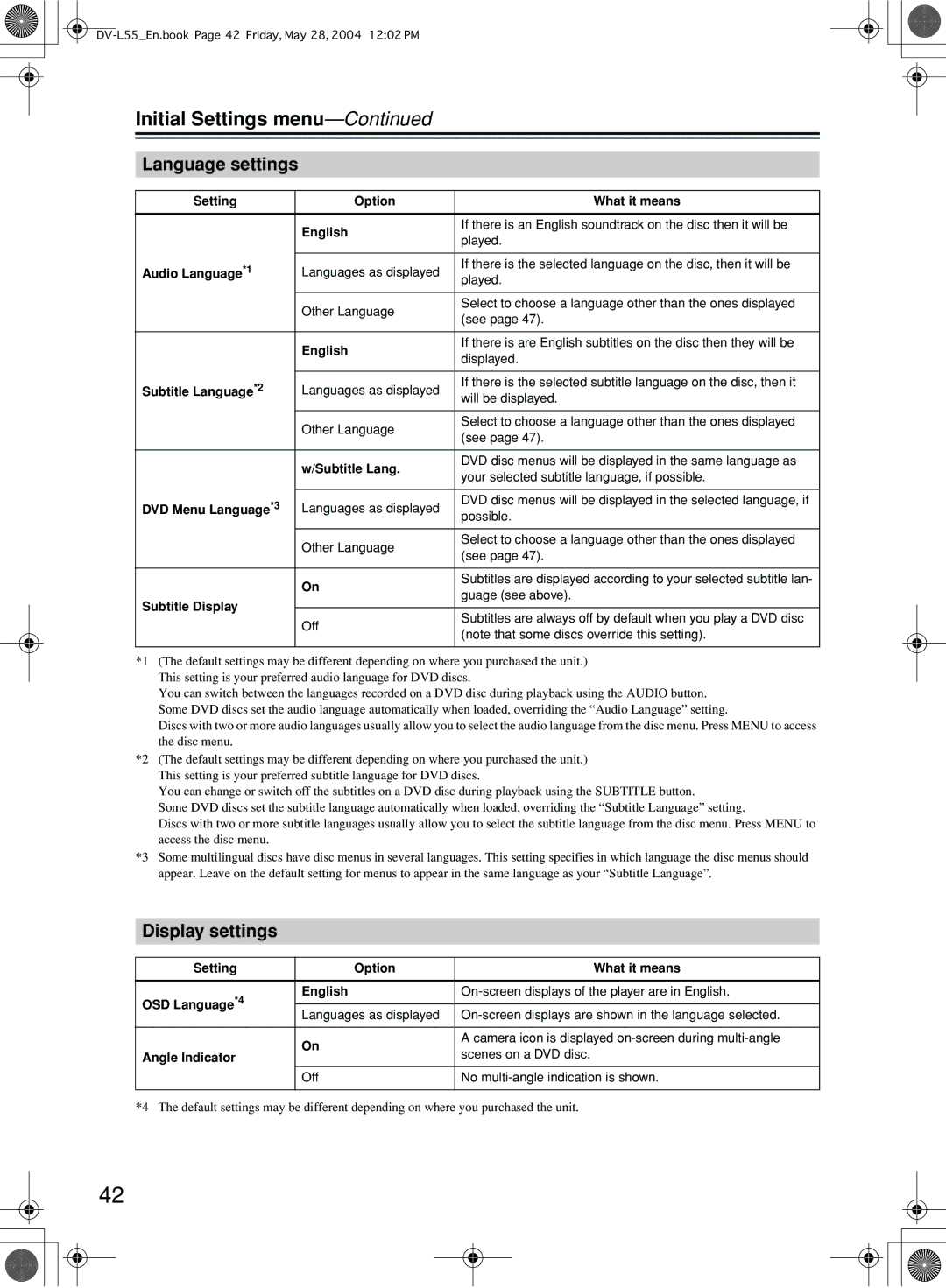 Onkyo DV-L55 instruction manual Language settings, Display settings 