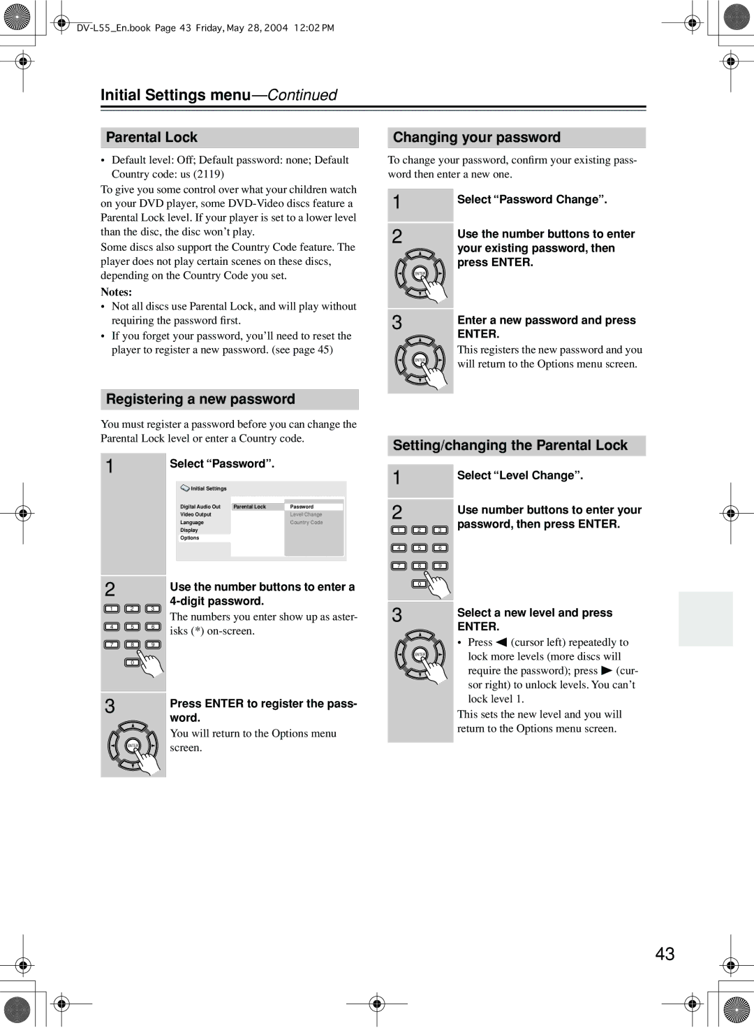 Onkyo DV-L55 instruction manual Registering a new password, Changing your password, Setting/changing the Parental Lock 