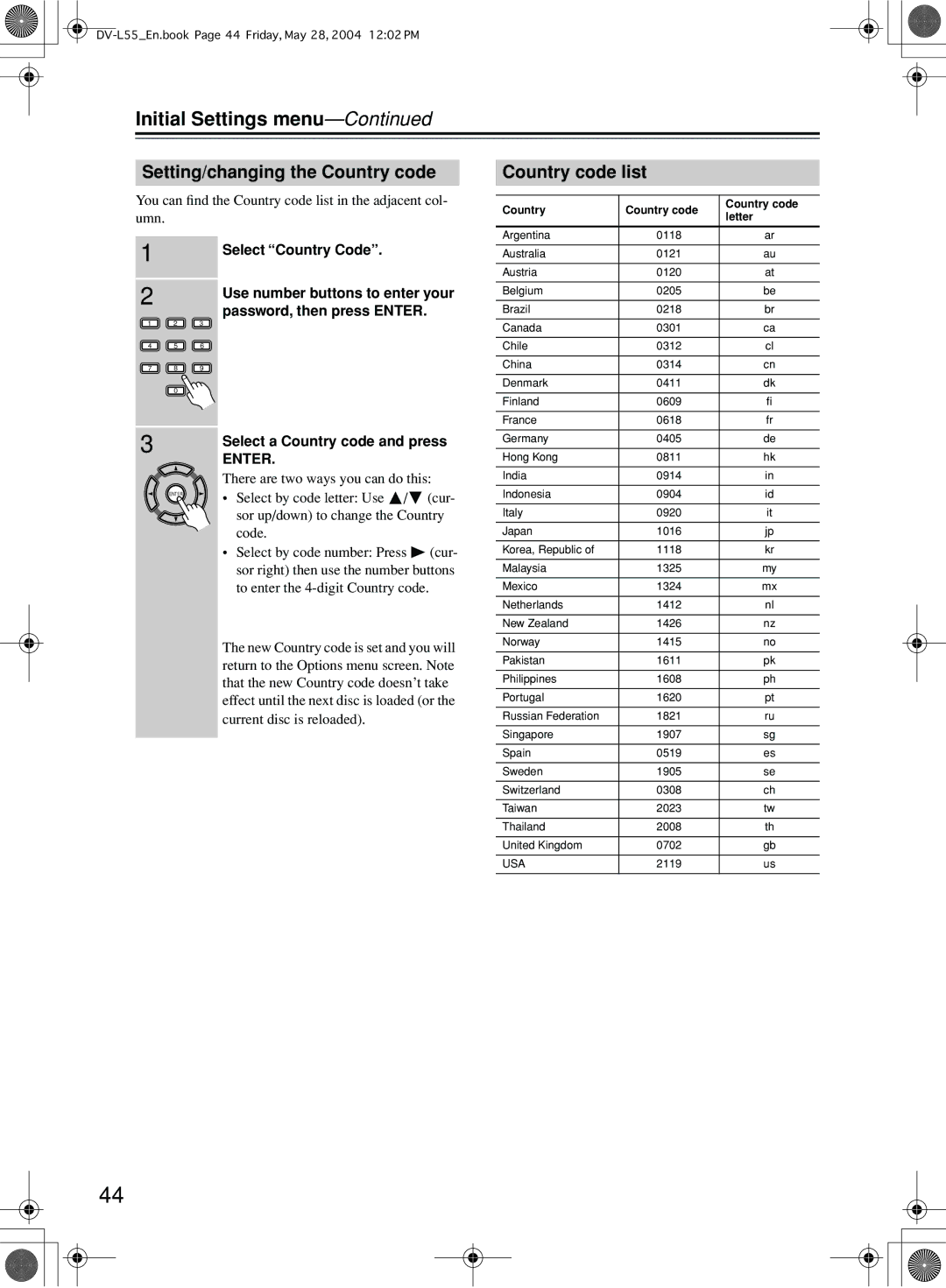 Onkyo DV-L55 instruction manual Setting/changing the Country code, Country code list 