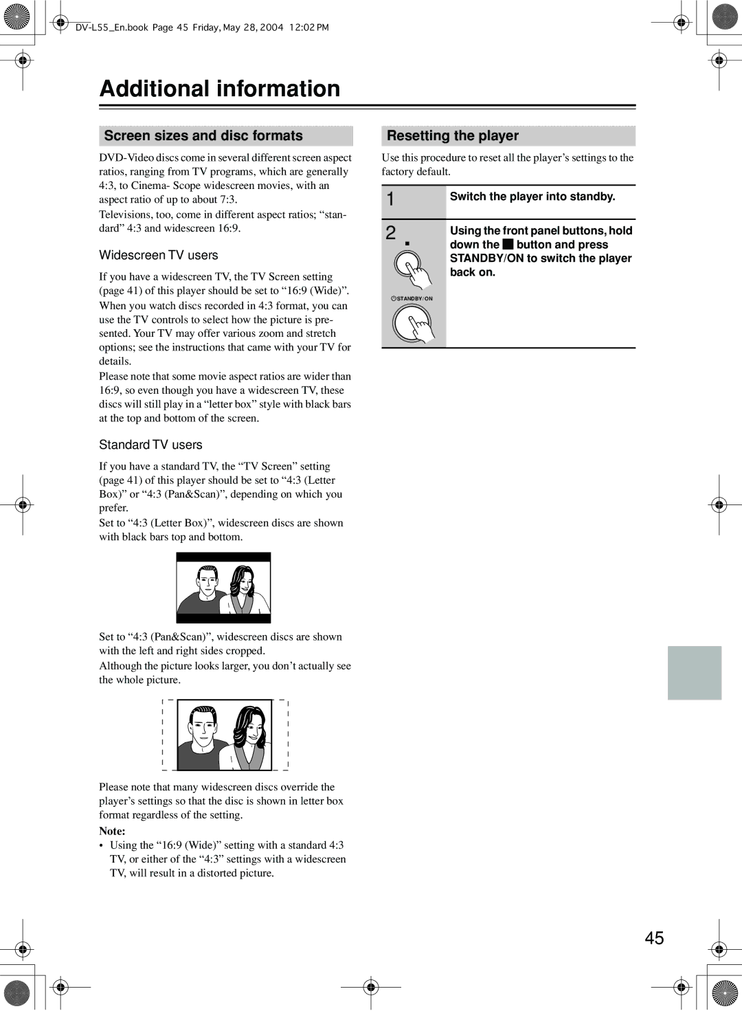 Onkyo DV-L55 Additional information, Screen sizes and disc formats, Resetting the player, Widescreen TV users 