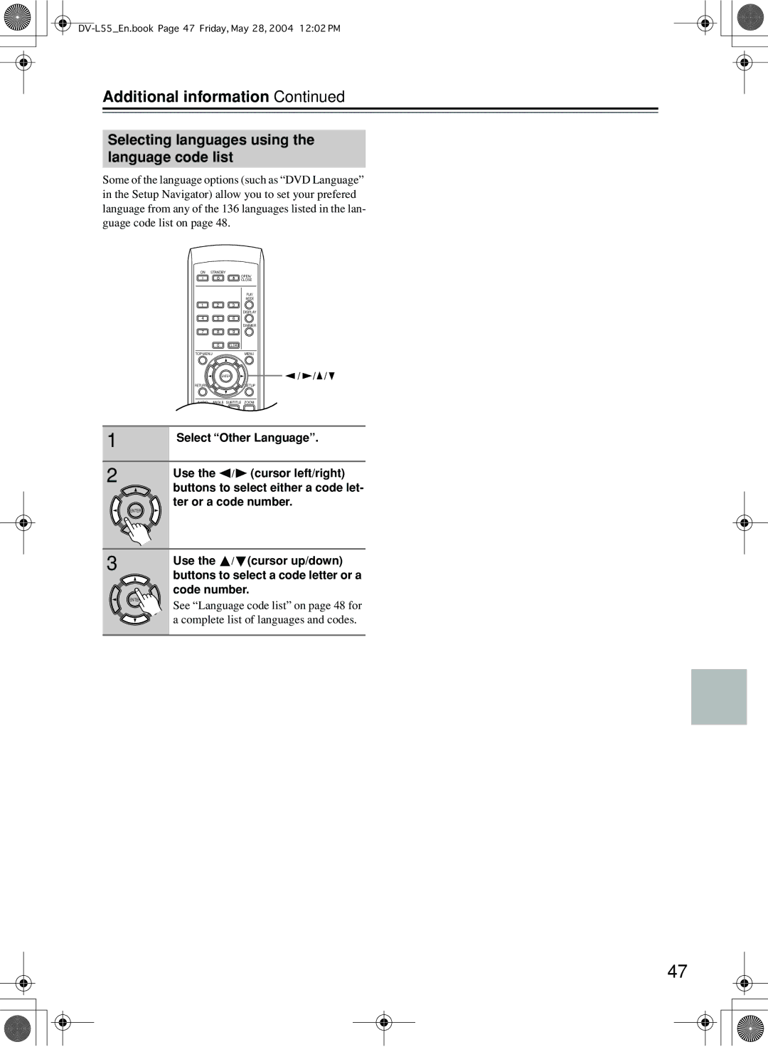 Onkyo DV-L55 instruction manual Selecting languages using the language code list, Select Other Language 