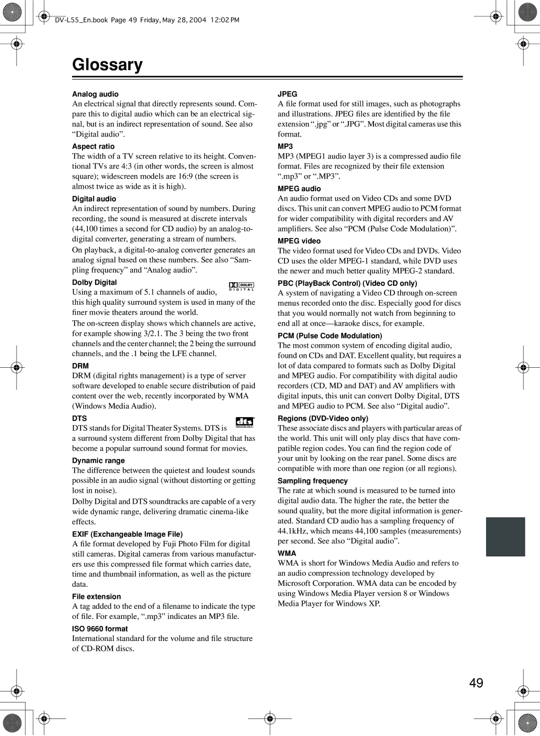 Onkyo DV-L55 instruction manual Glossary 