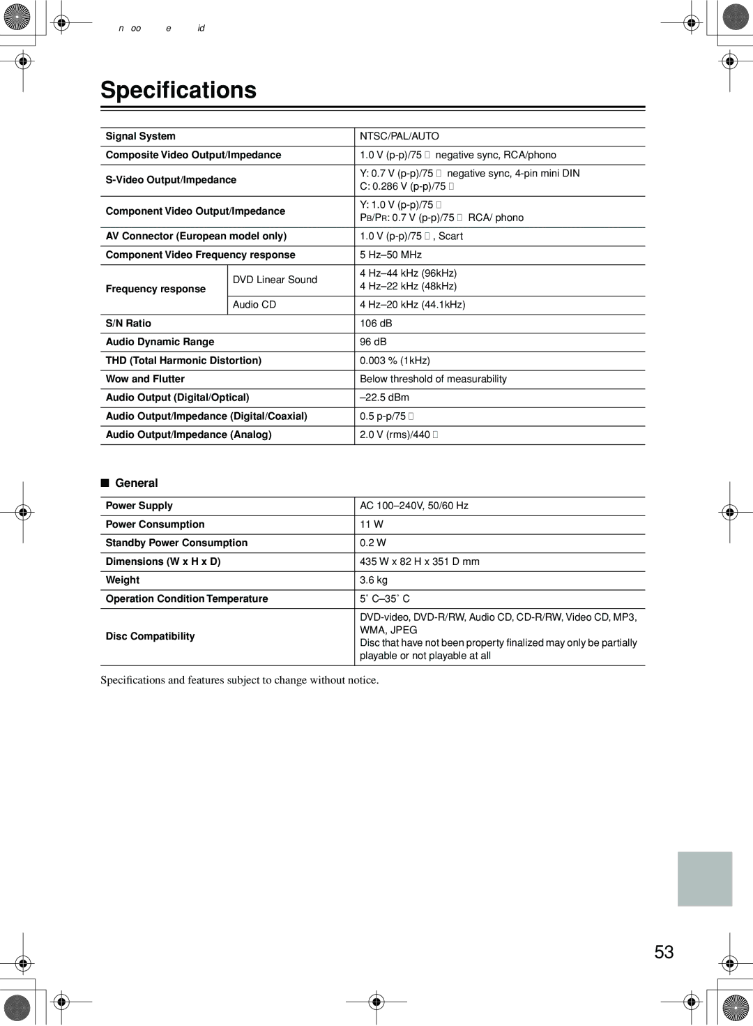 Onkyo DV-L55 instruction manual Speciﬁcations, General 