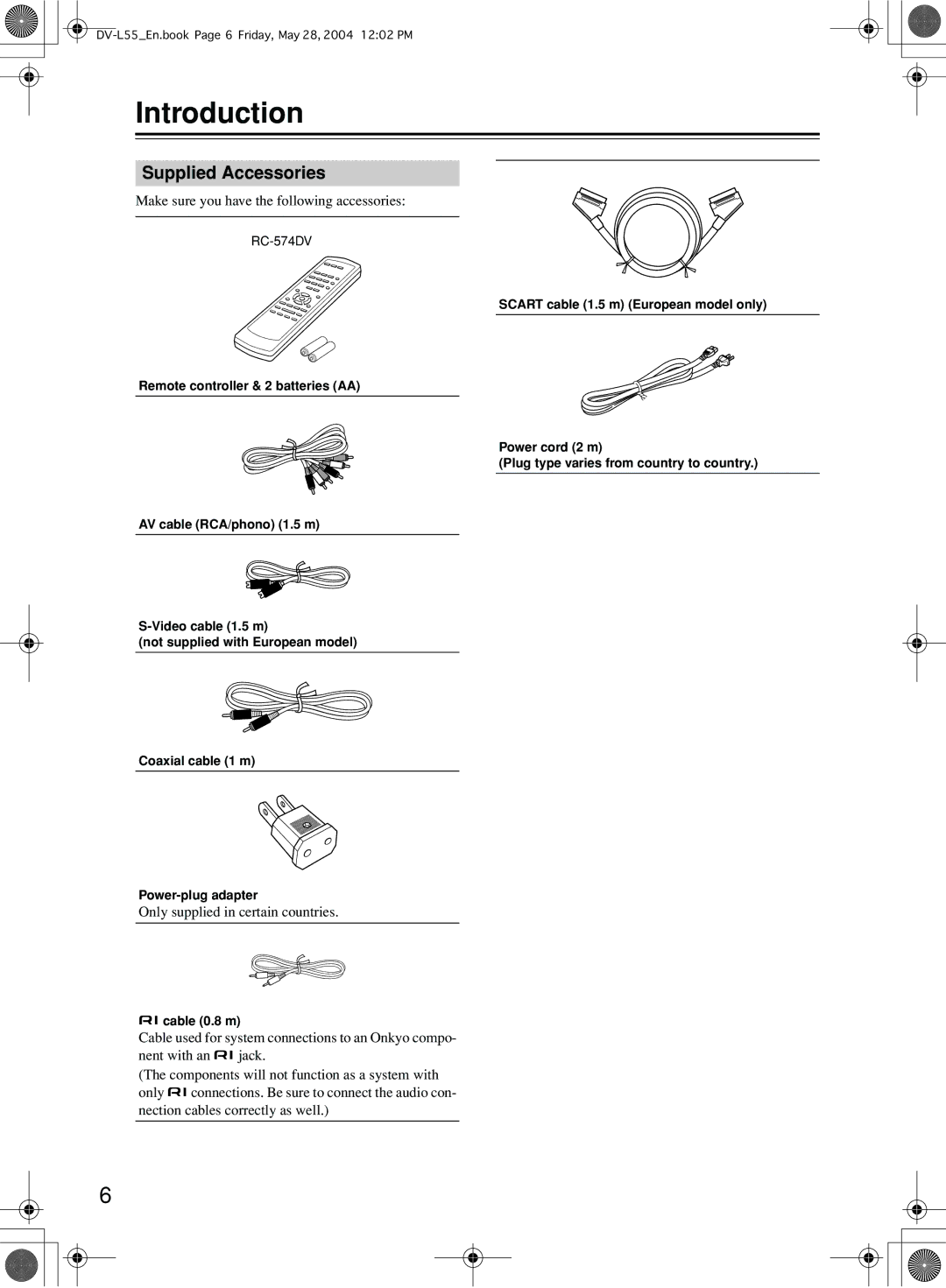 Onkyo DV-L55 instruction manual Introduction, Supplied Accessories, Cable 0.8 m 