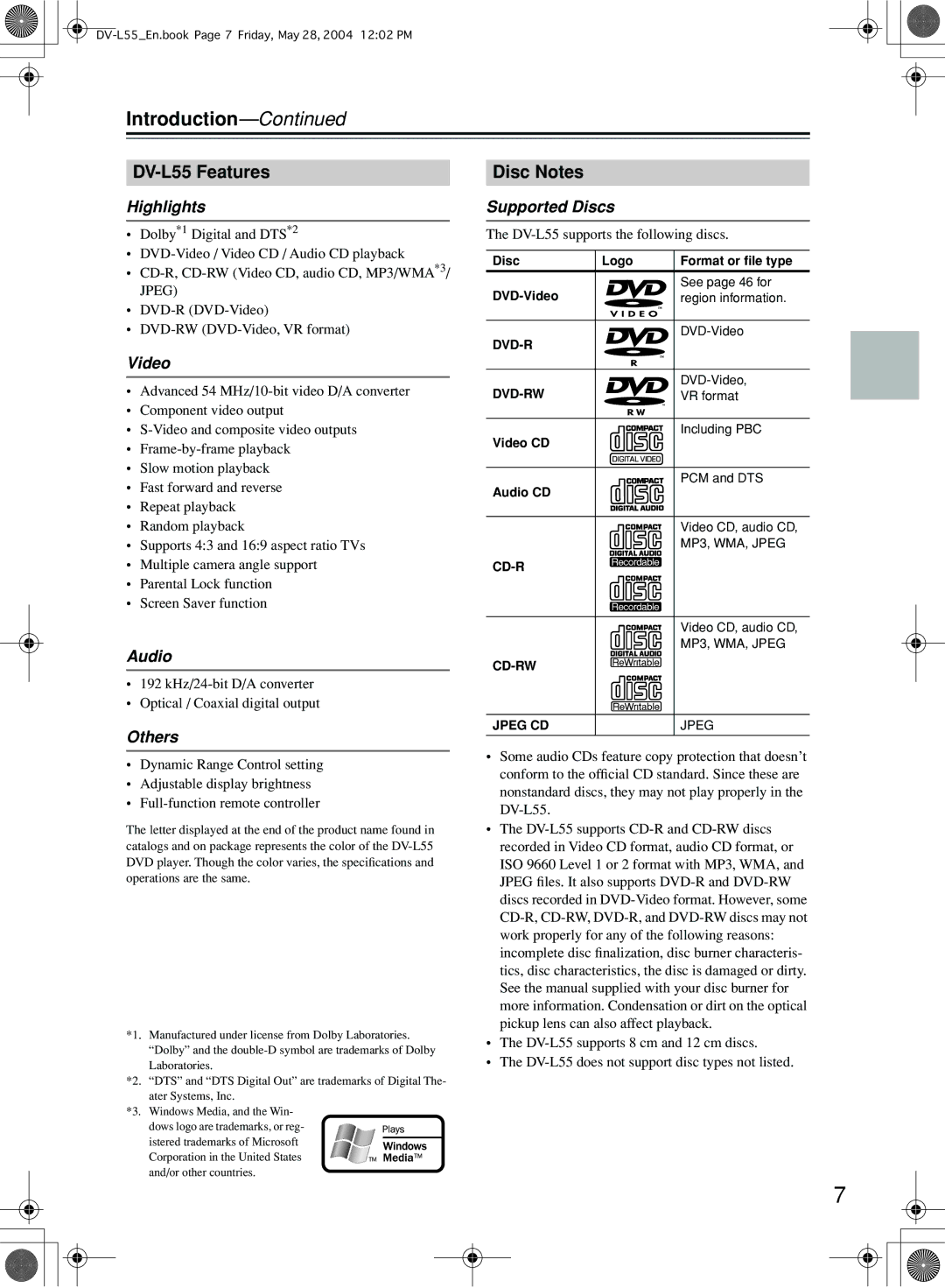 Onkyo instruction manual Introduction, DV-L55 Features, Disc Notes 