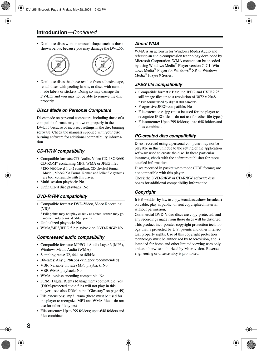 Onkyo DV-L55 About WMA, Discs Made on Personal Computers, CD-R/RW compatibility, Jpeg ﬁle compatibility, Copyright 