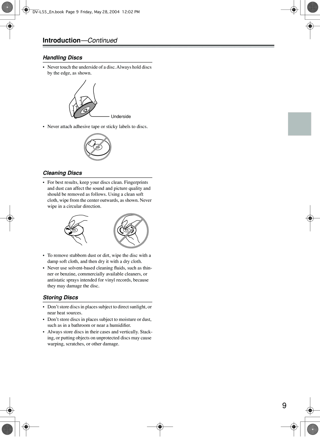 Onkyo DV-L55 instruction manual Handling Discs, Cleaning Discs, Storing Discs 