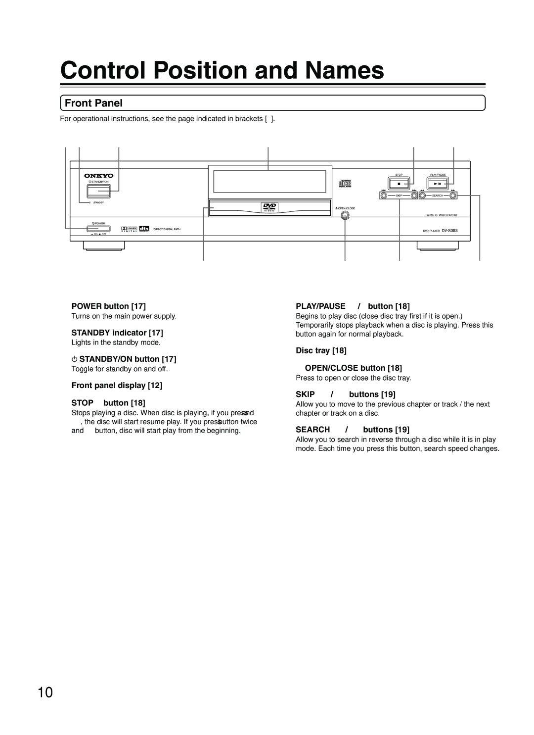 Onkyo DV-S353 instruction manual Control Position and Names, Front Panel 