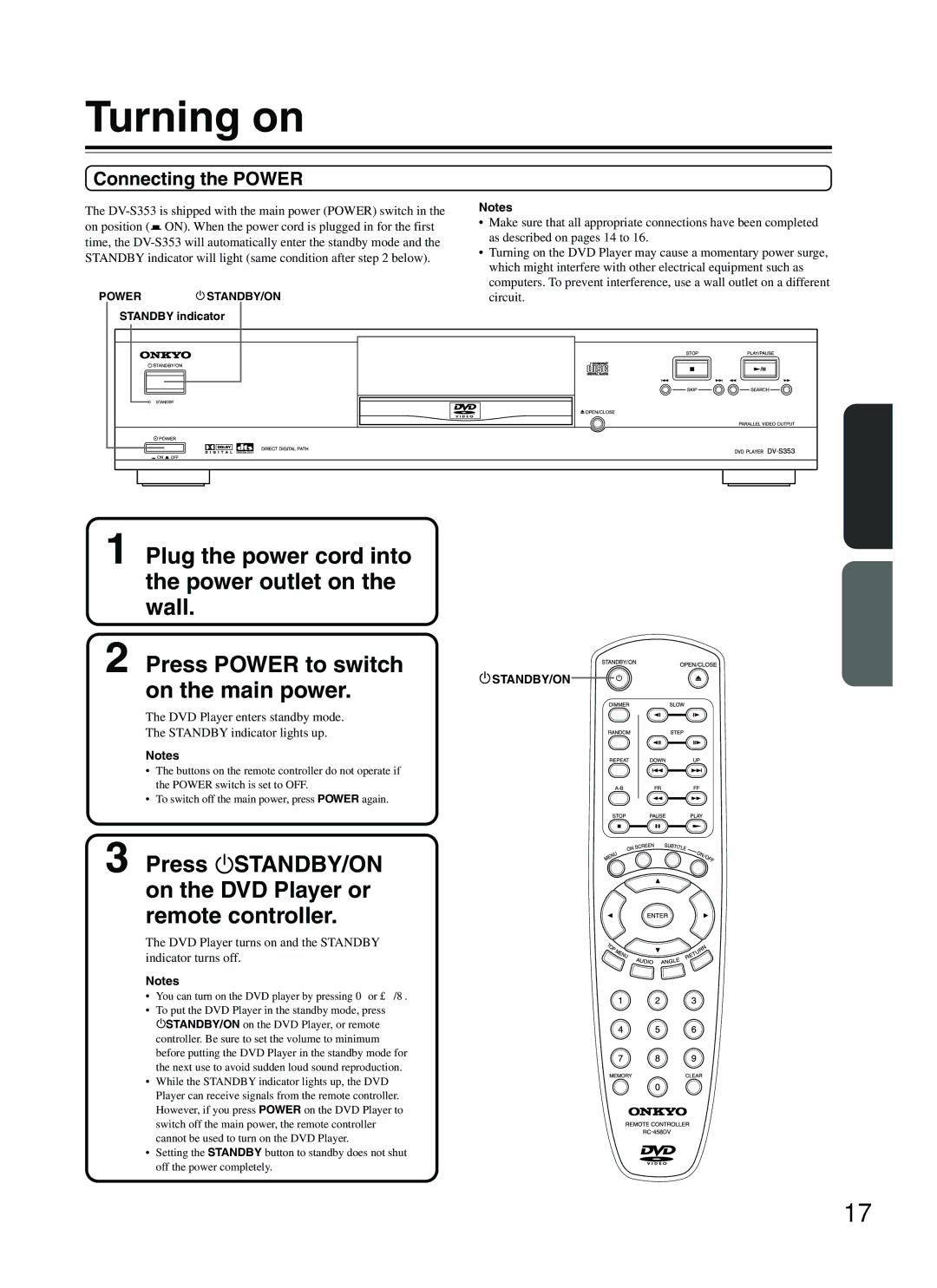 Onkyo DV-S353 instruction manual Turning on, Connecting the Power, DVD Player turns on and the Standby indicator turns off 