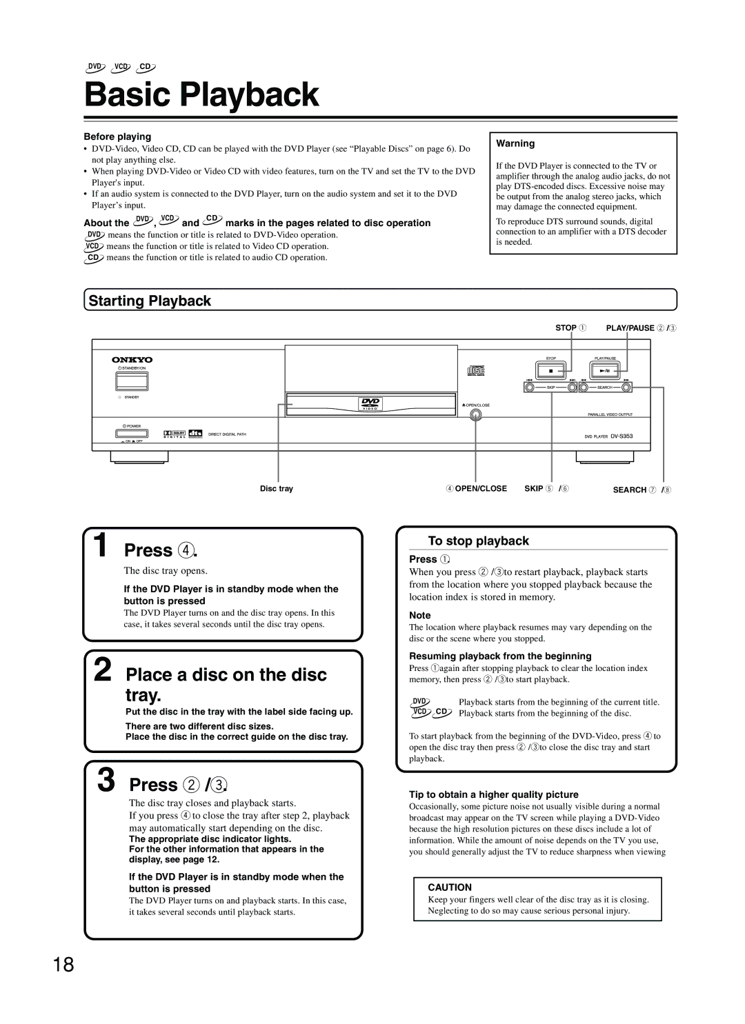 Onkyo DV-S353 instruction manual Basic Playback, Starting Playback, To stop playback, Disc tray opens, Press 