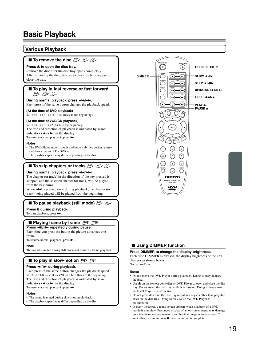 Onkyo DV-S353 instruction manual Basic Playback, Various Playback 