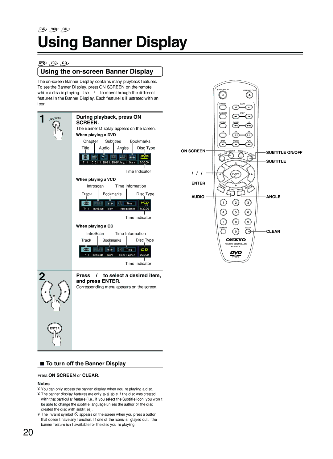 Onkyo DV-S353 instruction manual Using Banner Display, Using the on-screen Banner Display, To turn off the Banner Display 