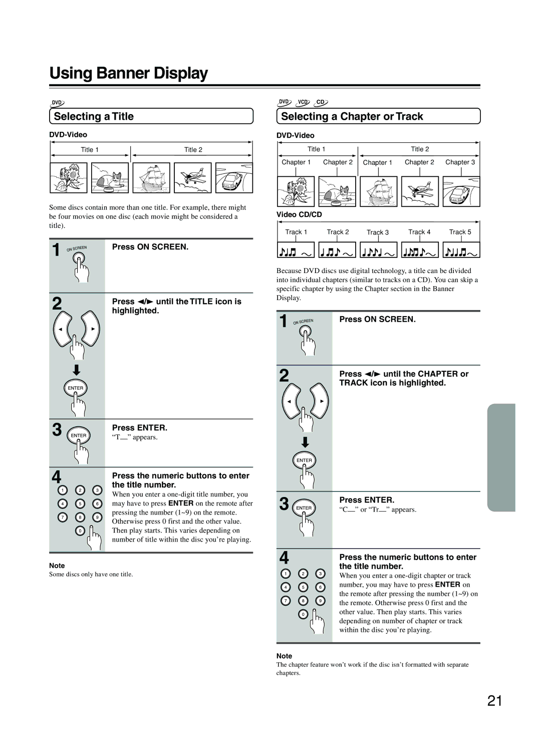 Onkyo DV-S353 instruction manual Using Banner Display, Selecting a Title, Selecting a Chapter or Track 