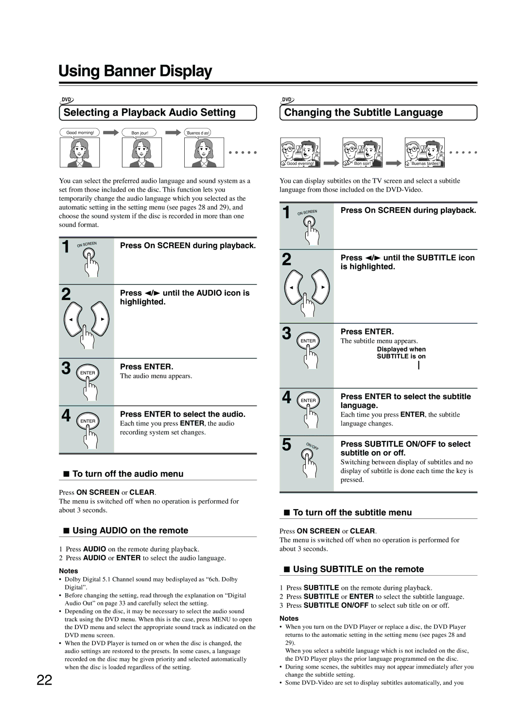 Onkyo DV-S353 instruction manual Selecting a Playback Audio Setting, Changing the Subtitle Language 