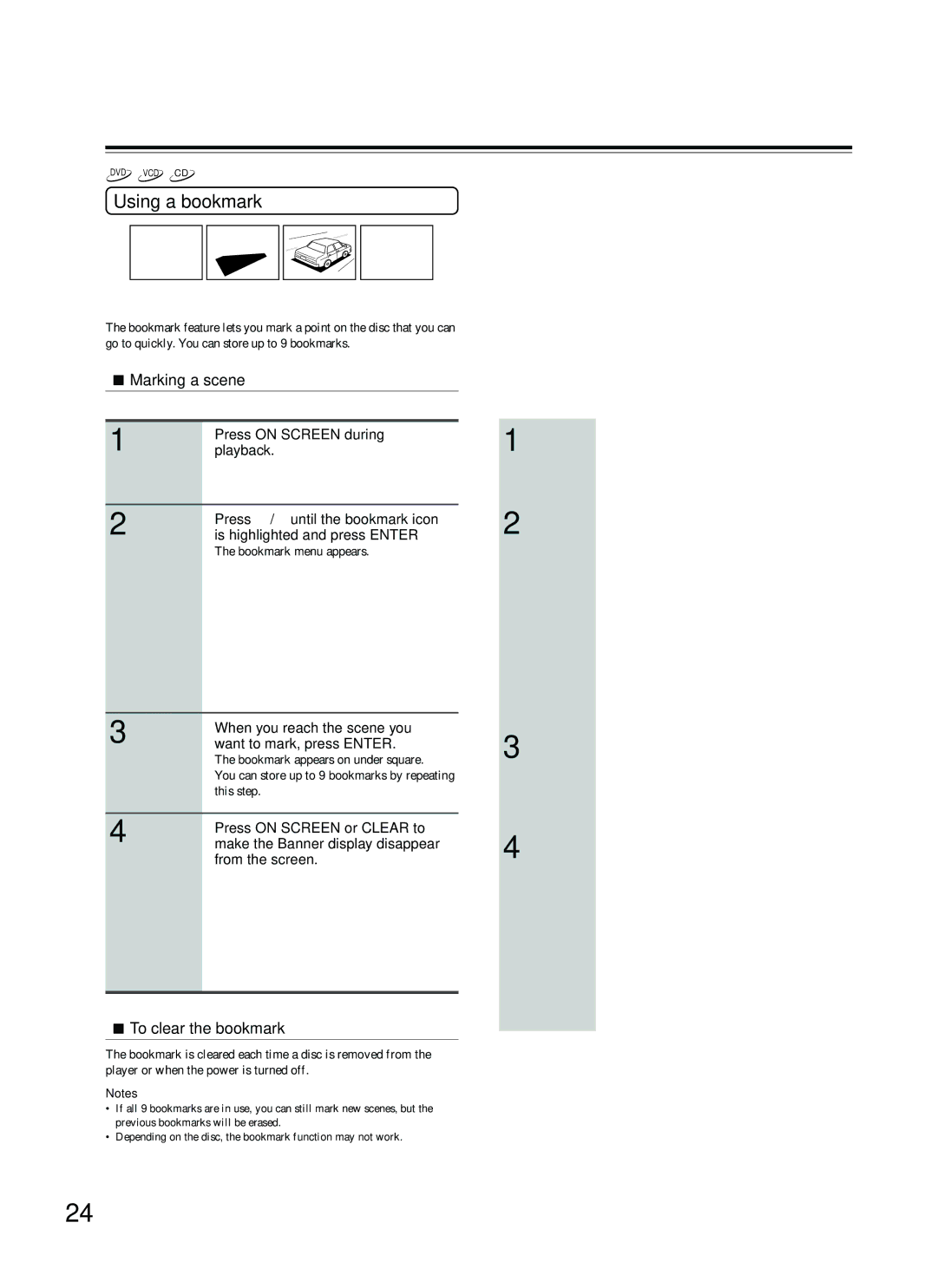 Onkyo DV-S353 instruction manual Using a bookmark, Marking a scene, To clear the bookmark, Recalling a bookmarked scene 