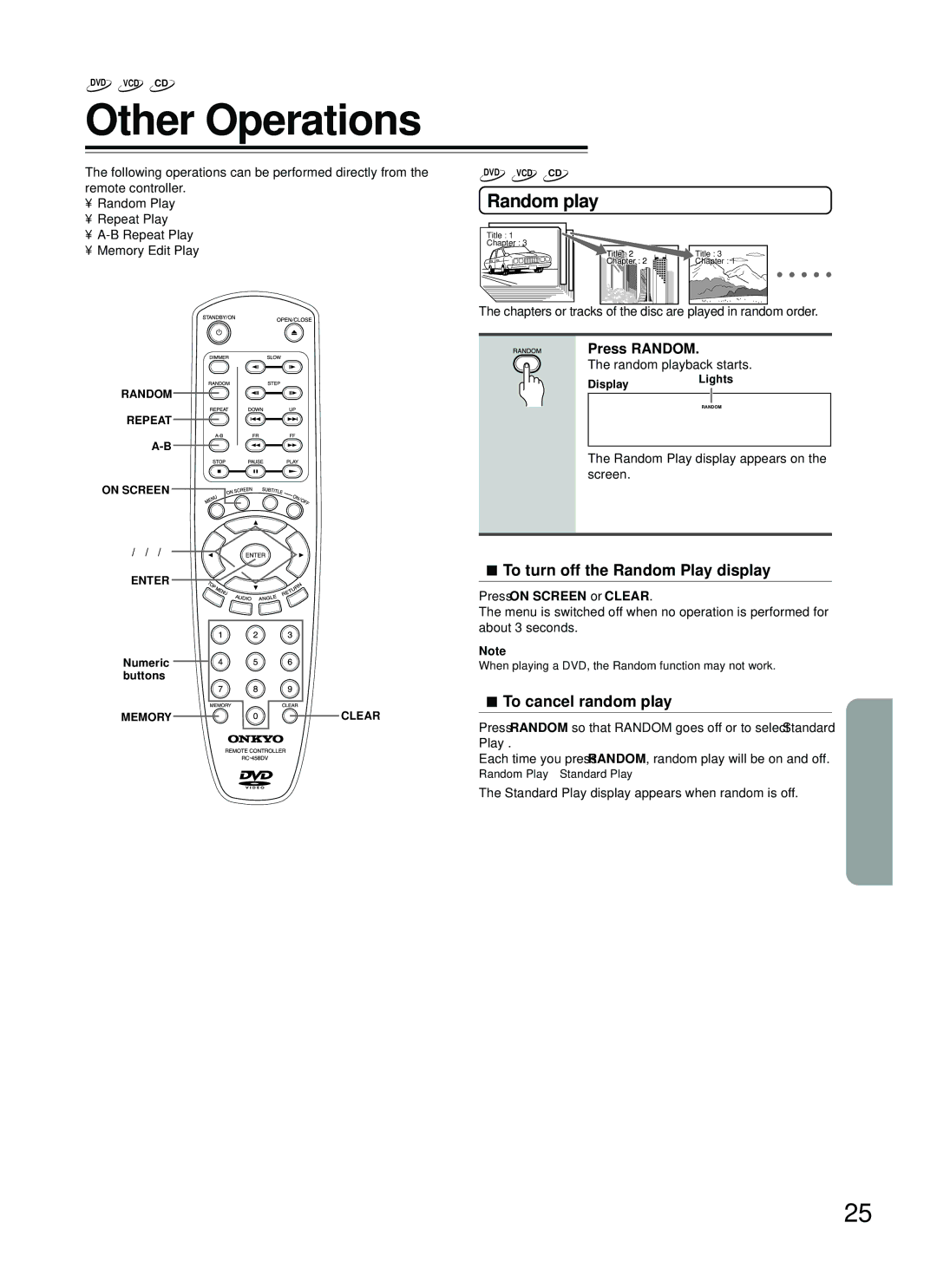 Onkyo DV-S353 Other Operations, Random play, To turn off the Random Play display, To cancel random play, Press Random 