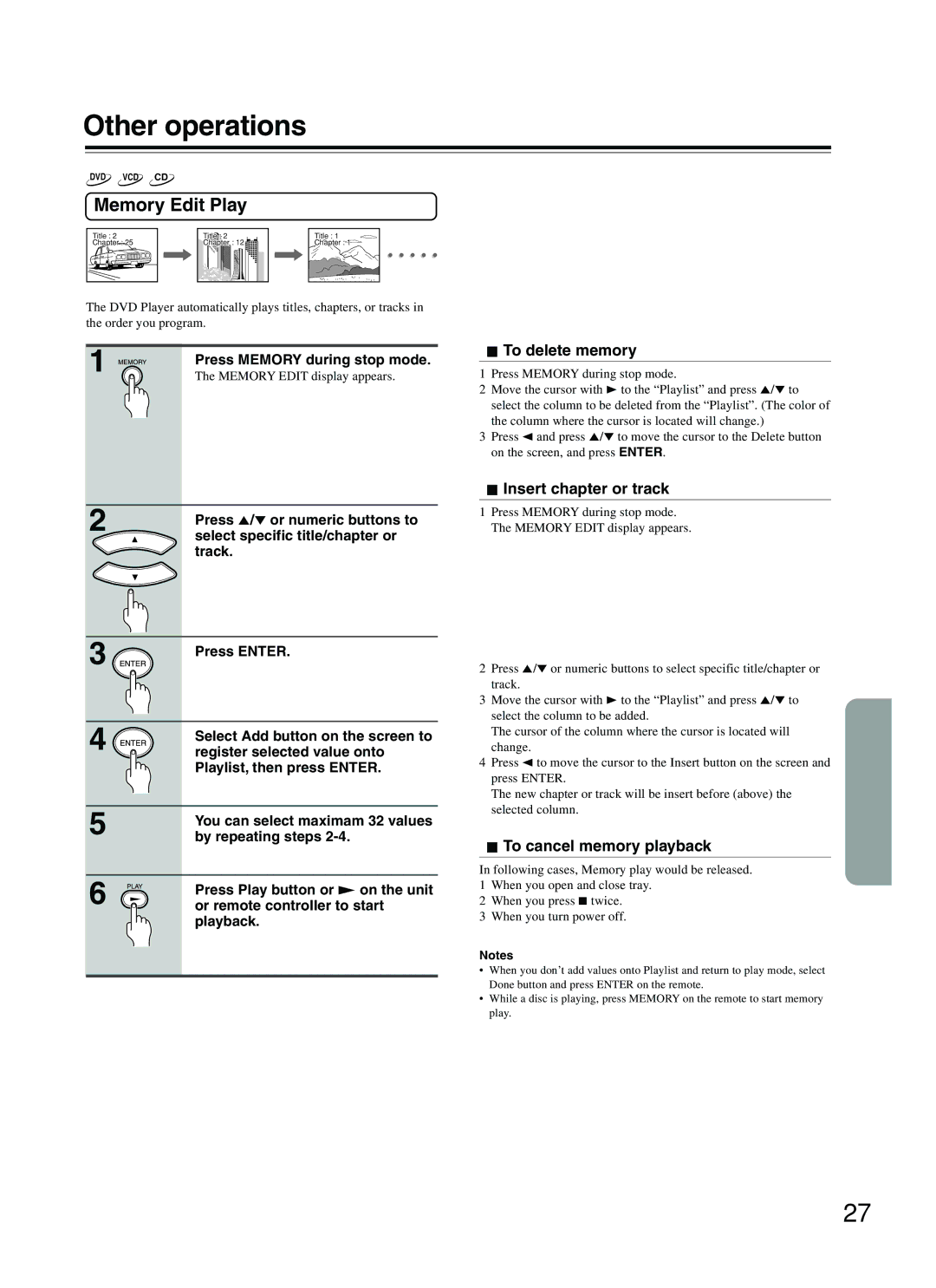 Onkyo DV-S353 instruction manual Memory Edit Play, To delete memory, Insert chapter or track, To cancel memory playback 