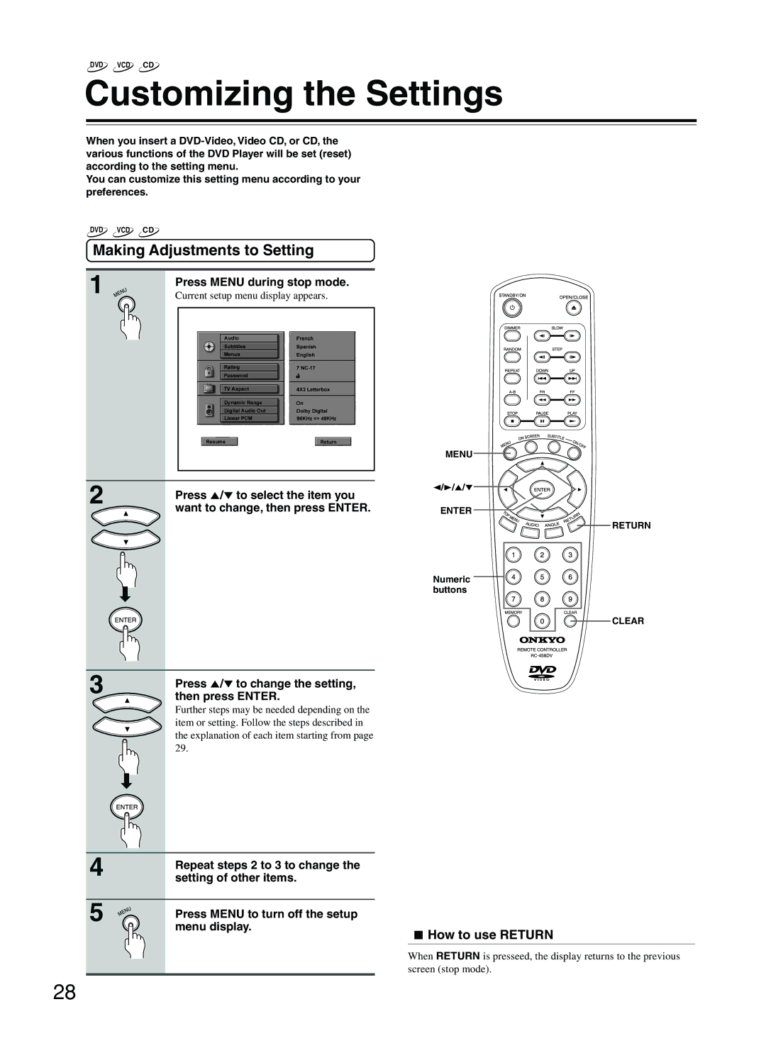 Onkyo DV-S353 instruction manual Customizing the Settings, Making Adjustments to Setting, How to use Return 