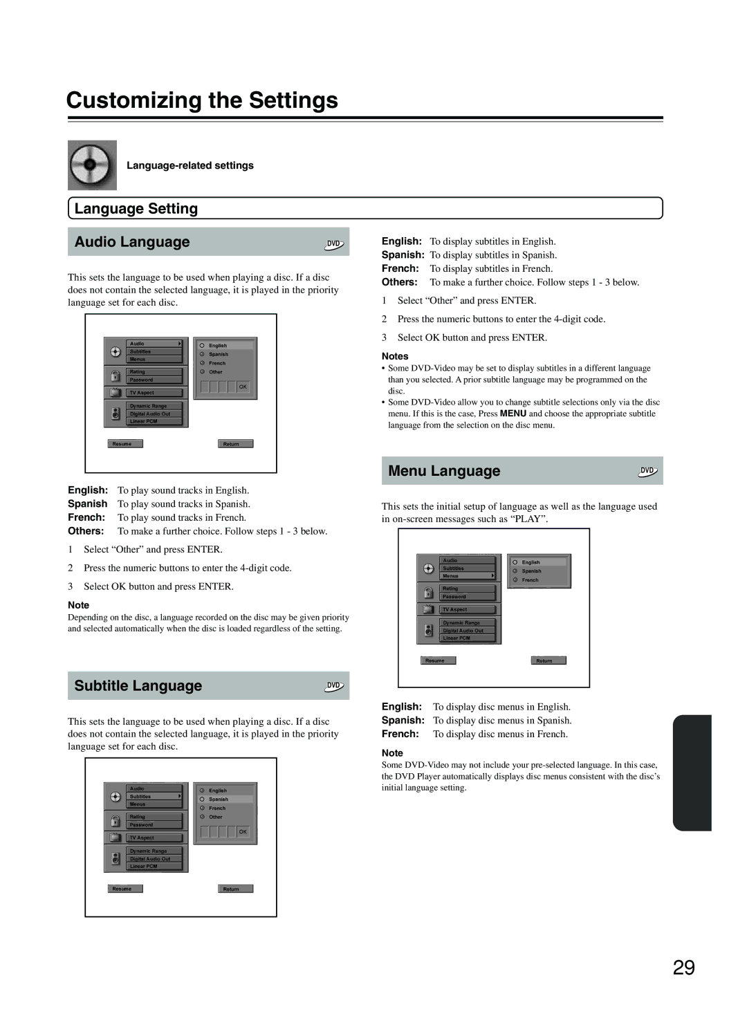 Onkyo DV-S353 Customizing the Settings, Language Setting Audio Language, Menu Language, Subtitle Language 