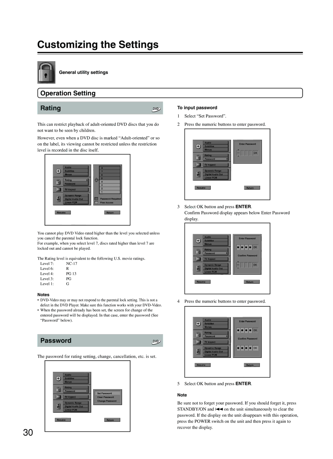 Onkyo DV-S353 instruction manual Operation Setting Rating, Password, General utility settings, To input password 