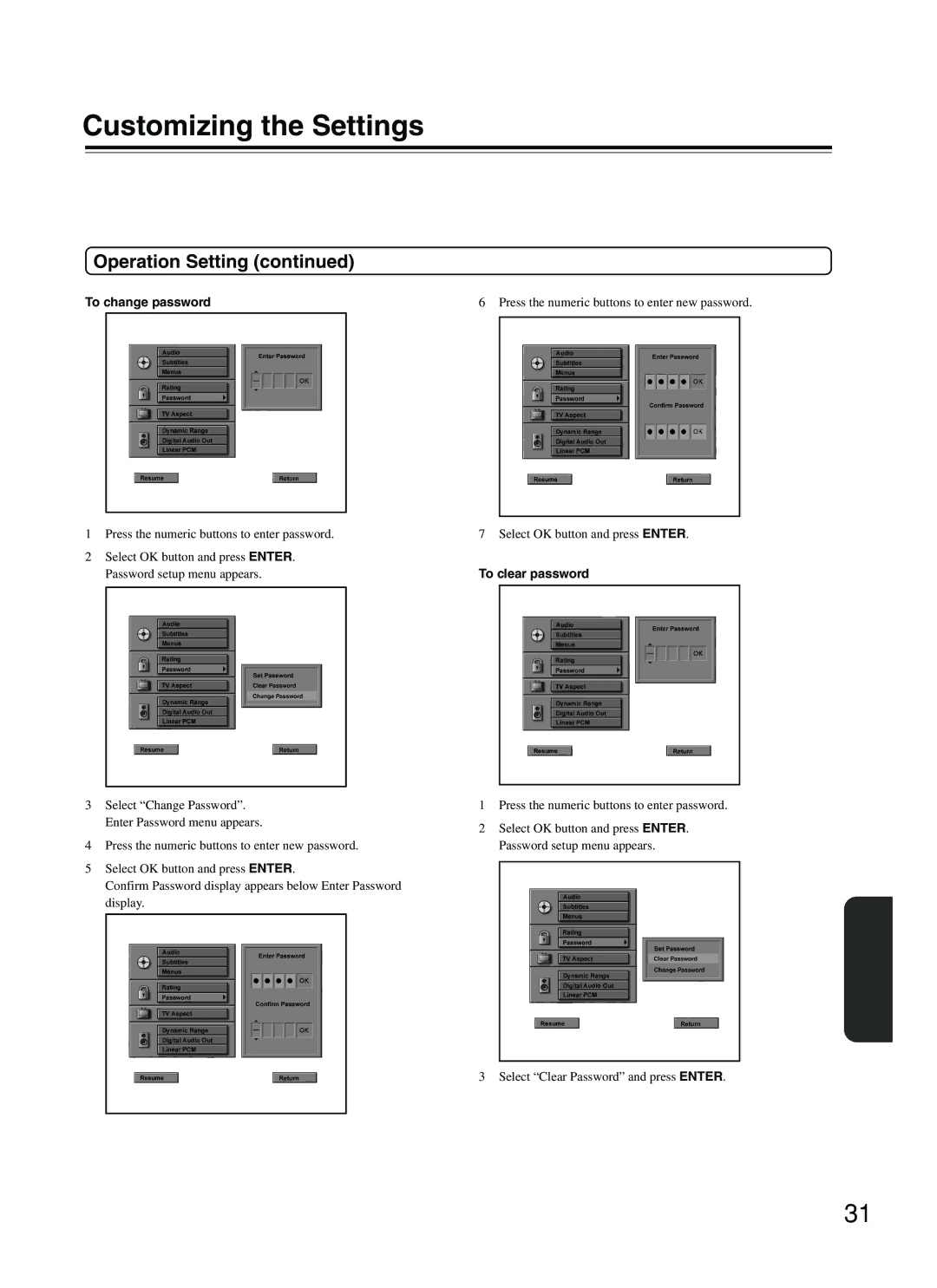 Onkyo DV-S353 instruction manual Operation Setting, To change password, To clear password 