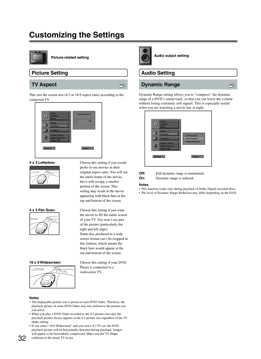 Onkyo DV-S353 instruction manual Picture Setting Audio Setting TV Aspect, Dynamic Range 