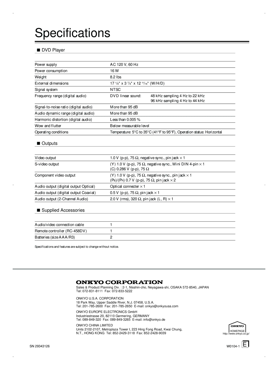 Onkyo DV-S353 instruction manual Specifications, DVD Player, Outputs, Supplied Accessories, Onkyo Europe Electronics GmbH 