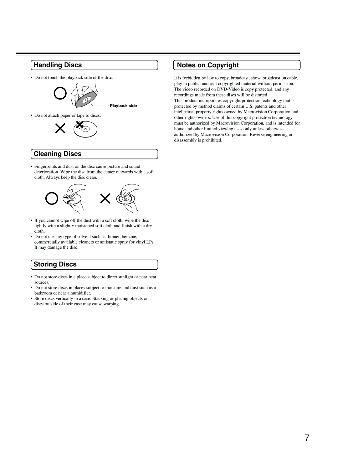 Onkyo DV-S353 instruction manual Handling Discs, Cleaning Discs, Storing Discs, Do not touch the playback side of the disc 