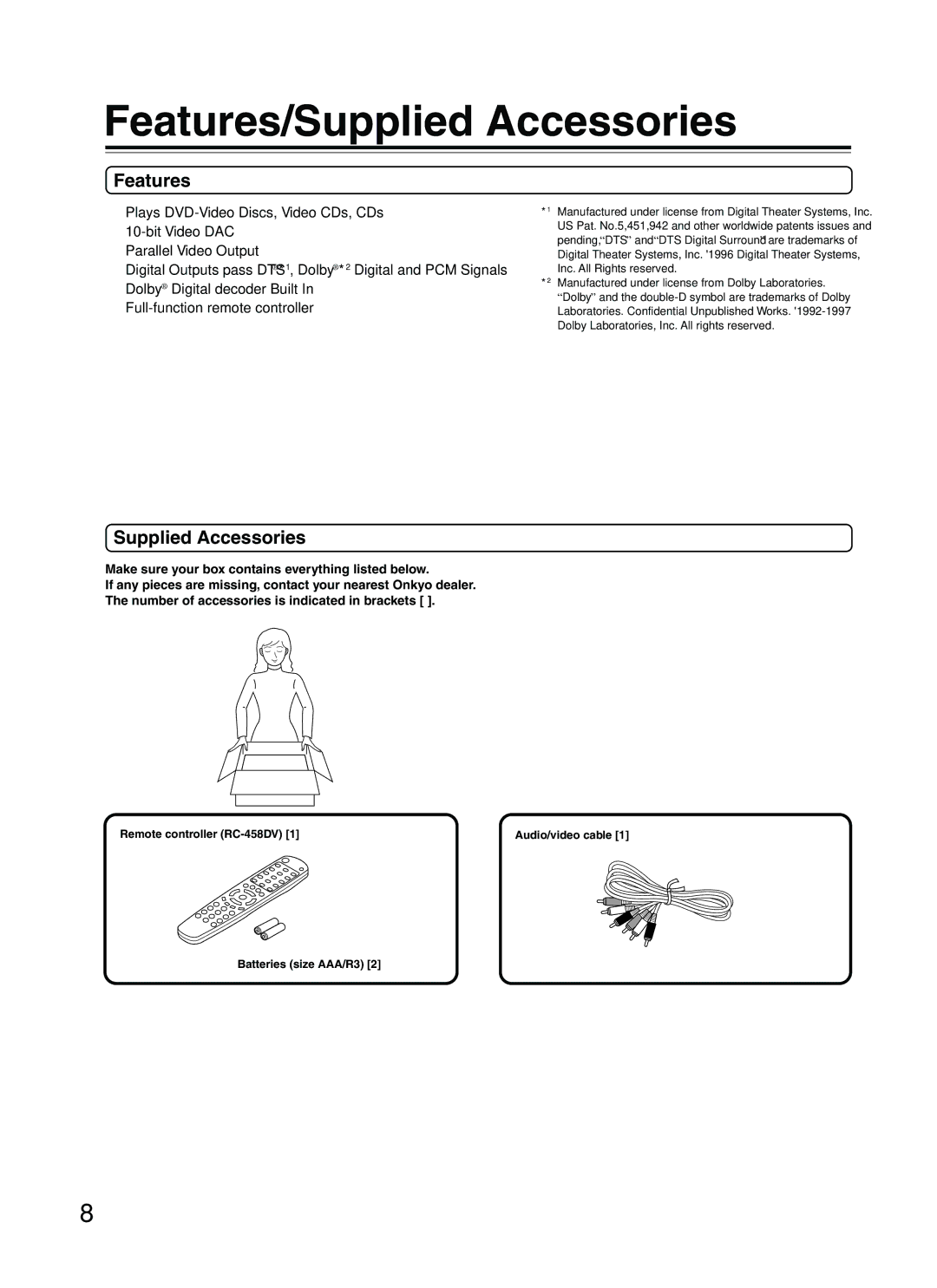 Onkyo DV-S353 instruction manual Features/Supplied Accessories, Remote controller RC-458DV, Batteries size AAA/R3 