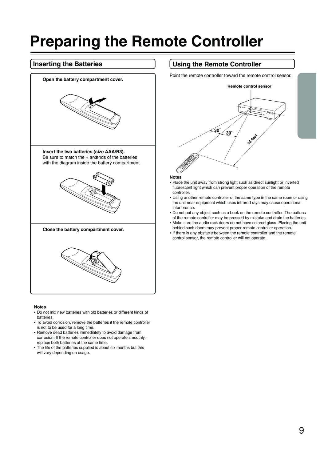 Onkyo DV-S353 instruction manual Preparing the Remote Controller, Inserting the Batteries, Using the Remote Controller 