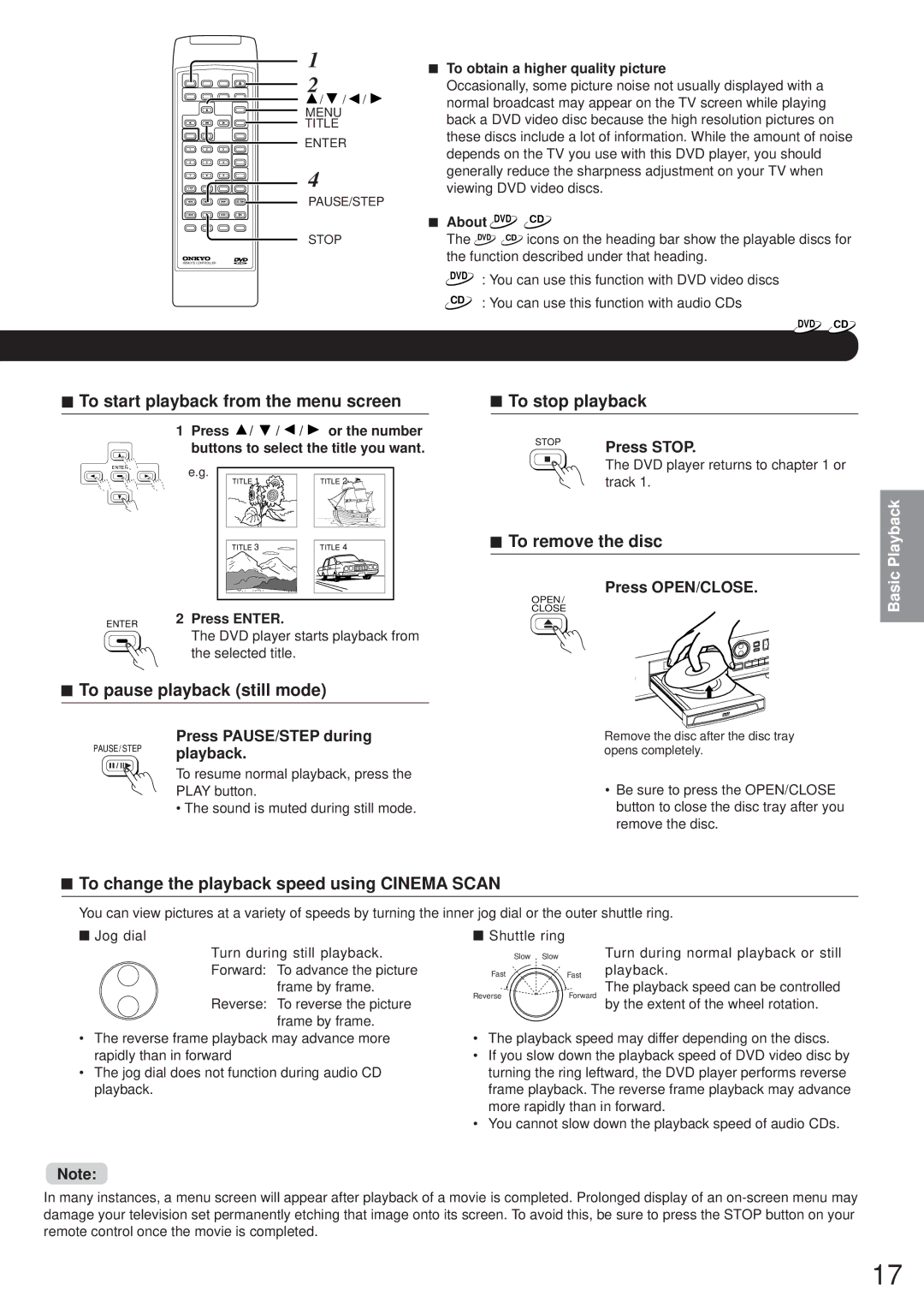 Onkyo DV-S501 instruction manual Press Stop, Press PAUSE/STEP during, Playback 