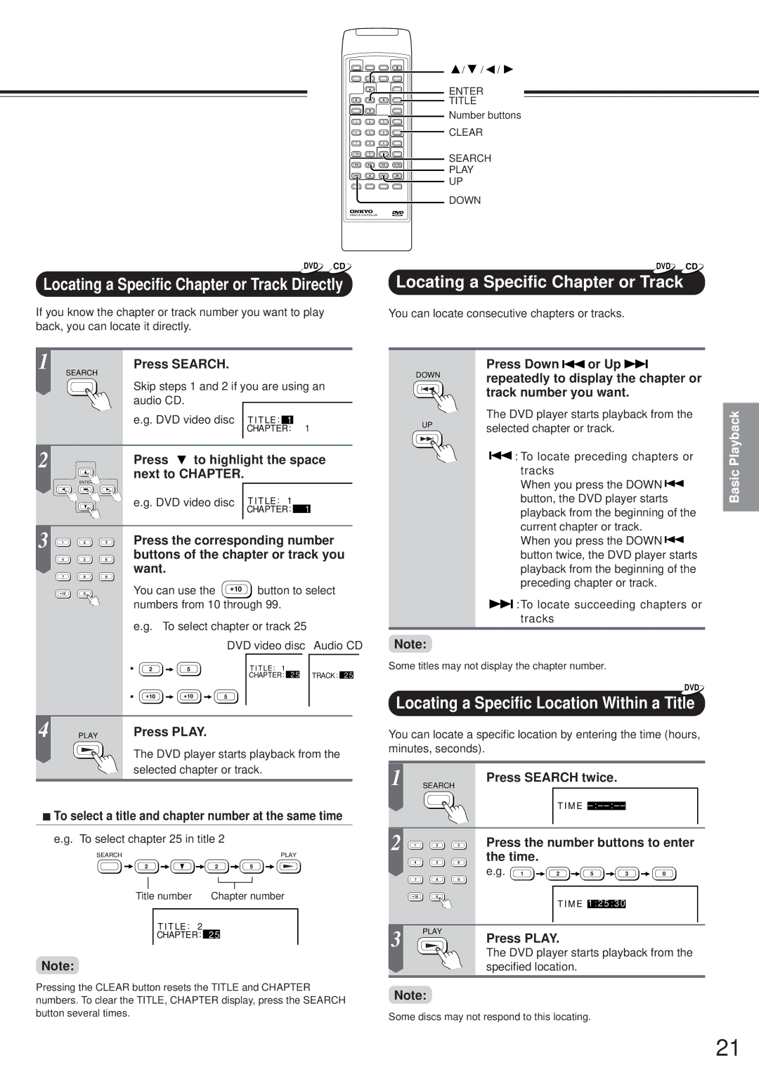 Onkyo DV-S501 instruction manual Locating a Specific Chapter or Track 