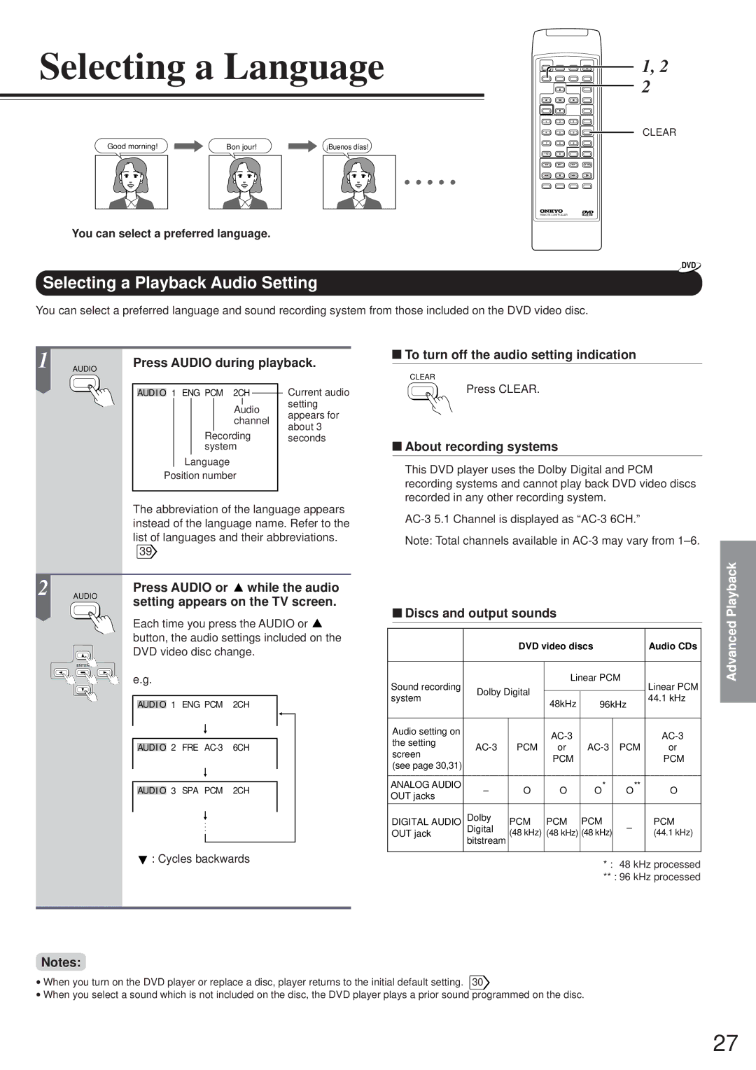 Onkyo DV-S501 instruction manual Selecting a Language, Selecting a Playback Audio Setting 