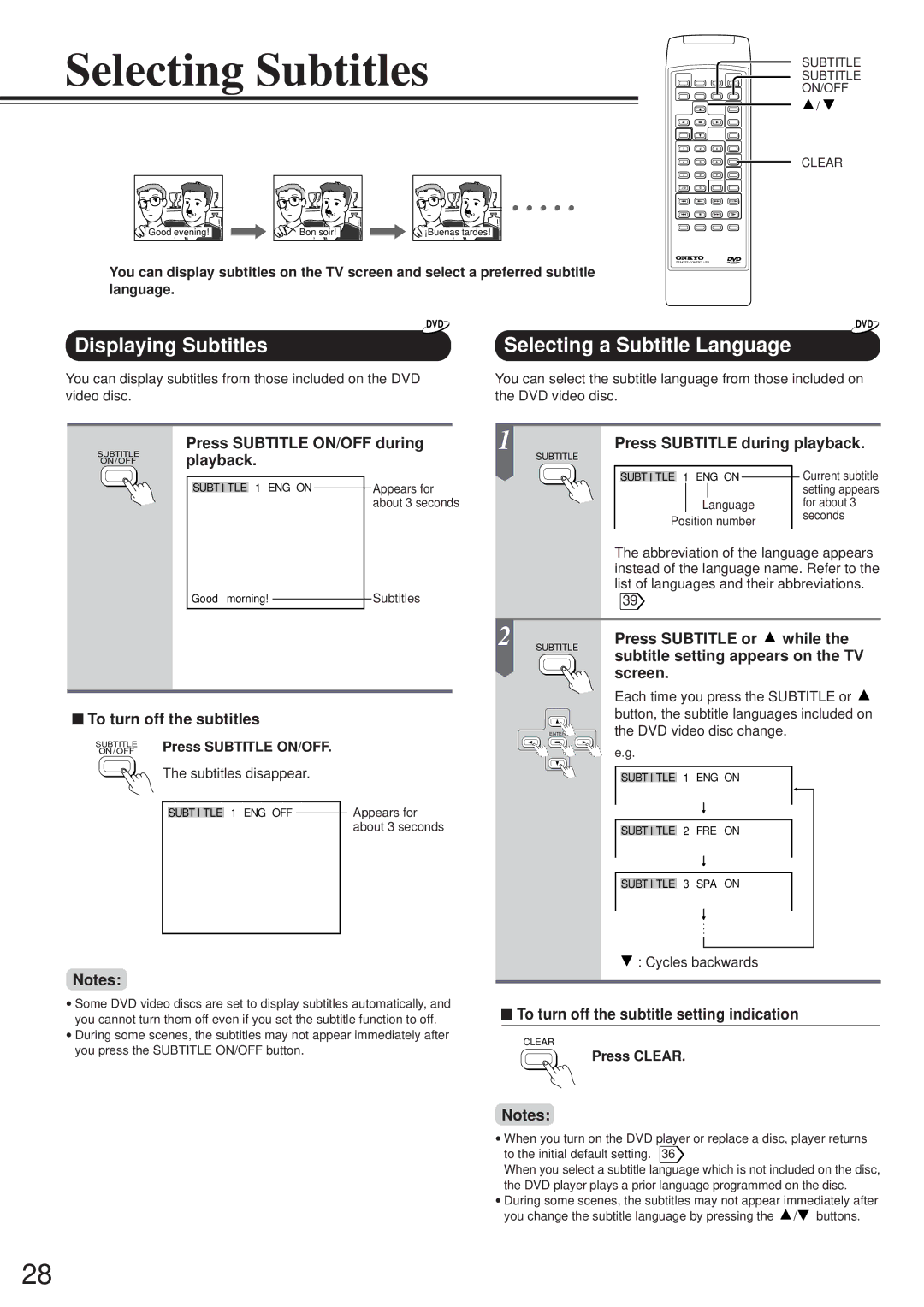 Onkyo DV-S501 instruction manual Selecting Subtitles, Displaying Subtitles, Selecting a Subtitle Language 