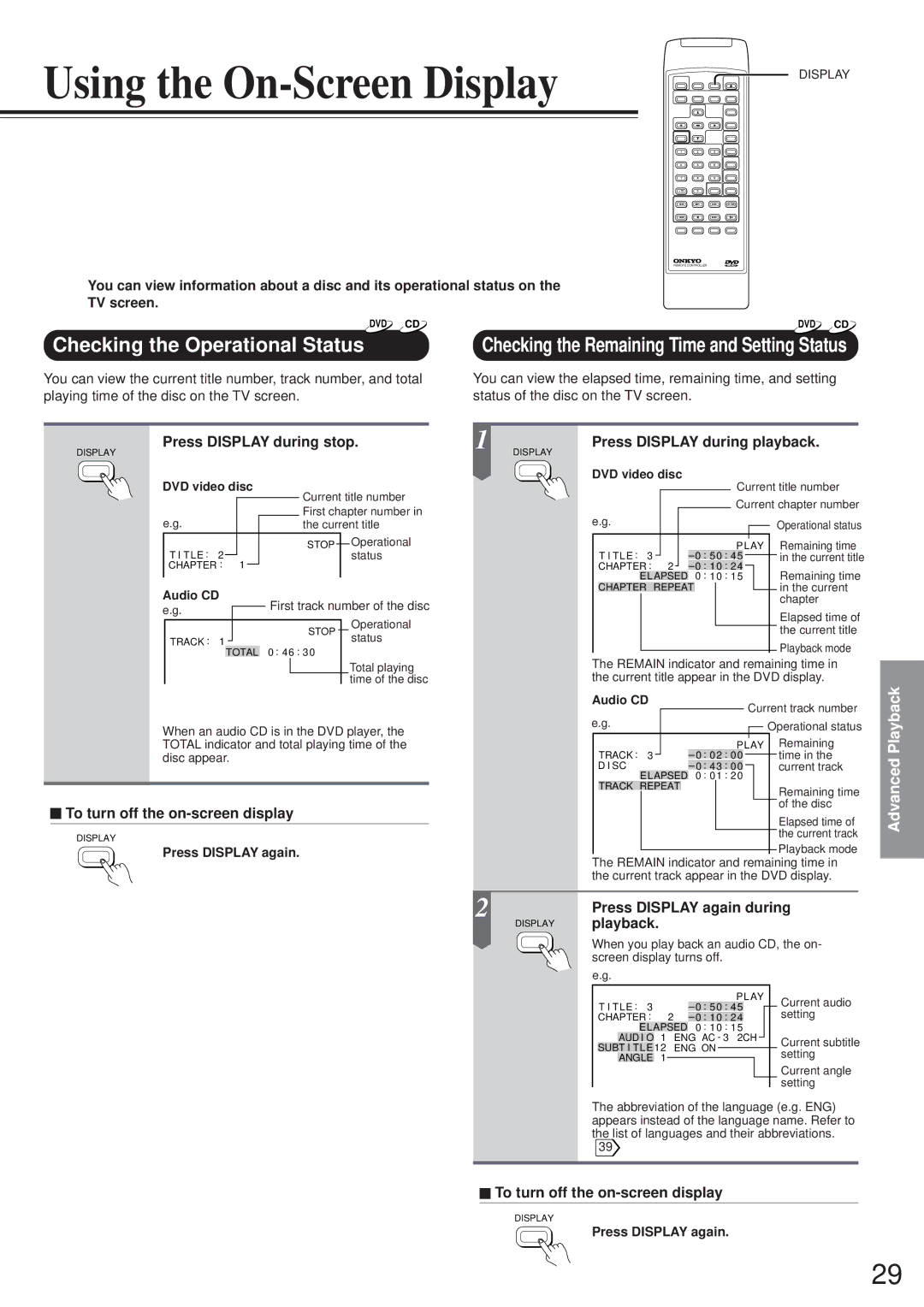 Onkyo DV-S501 instruction manual Using the On-Screen Display, Checking the Operational Status 