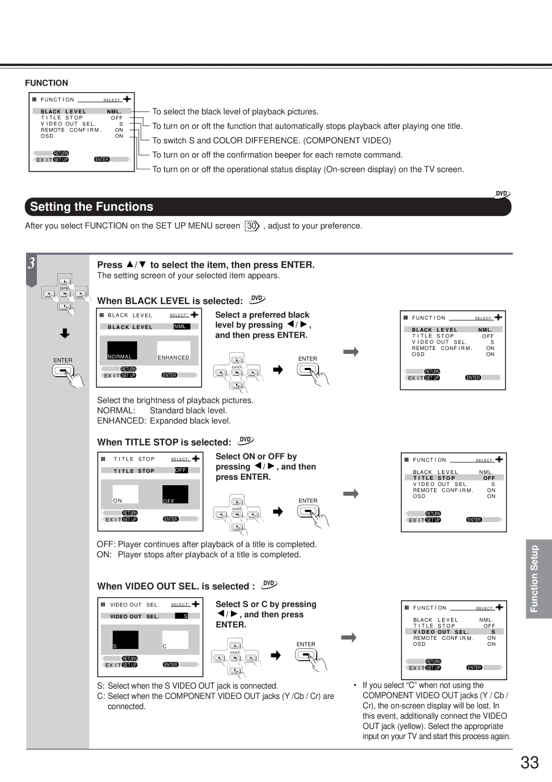 Onkyo DV-S501 instruction manual Setting the Functions, When Black Level is selected DVD, When Title Stop is selected DVD 