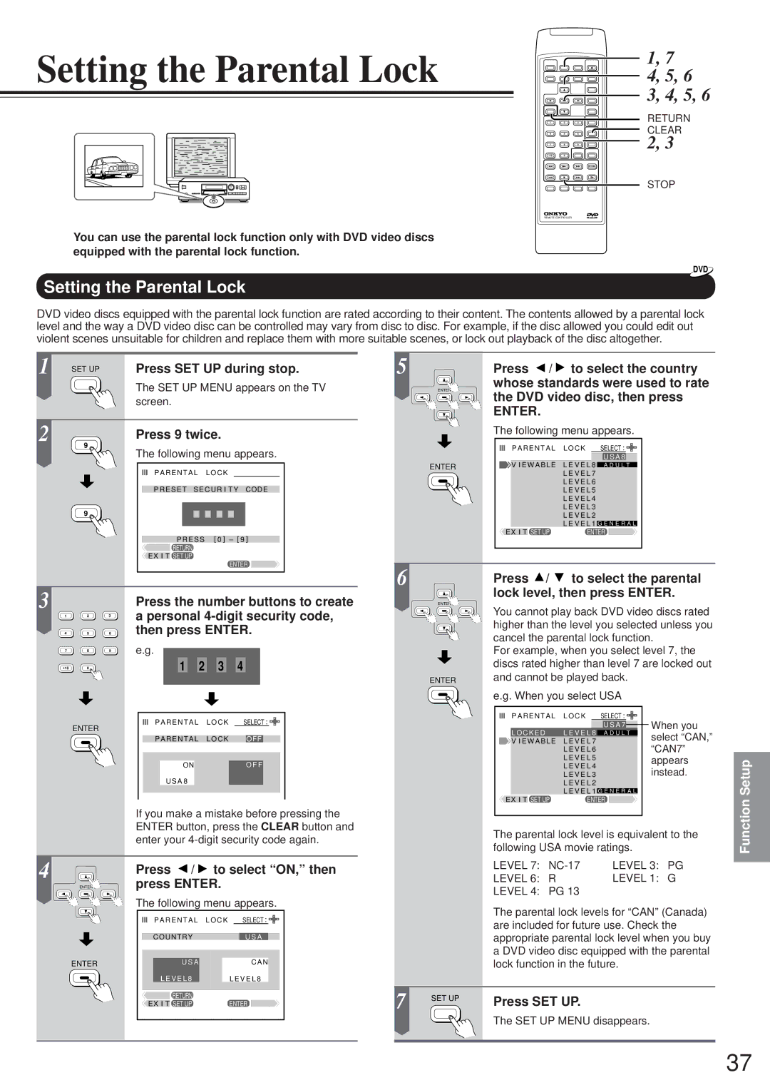 Onkyo DV-S501 instruction manual Setting the Parental Lock 