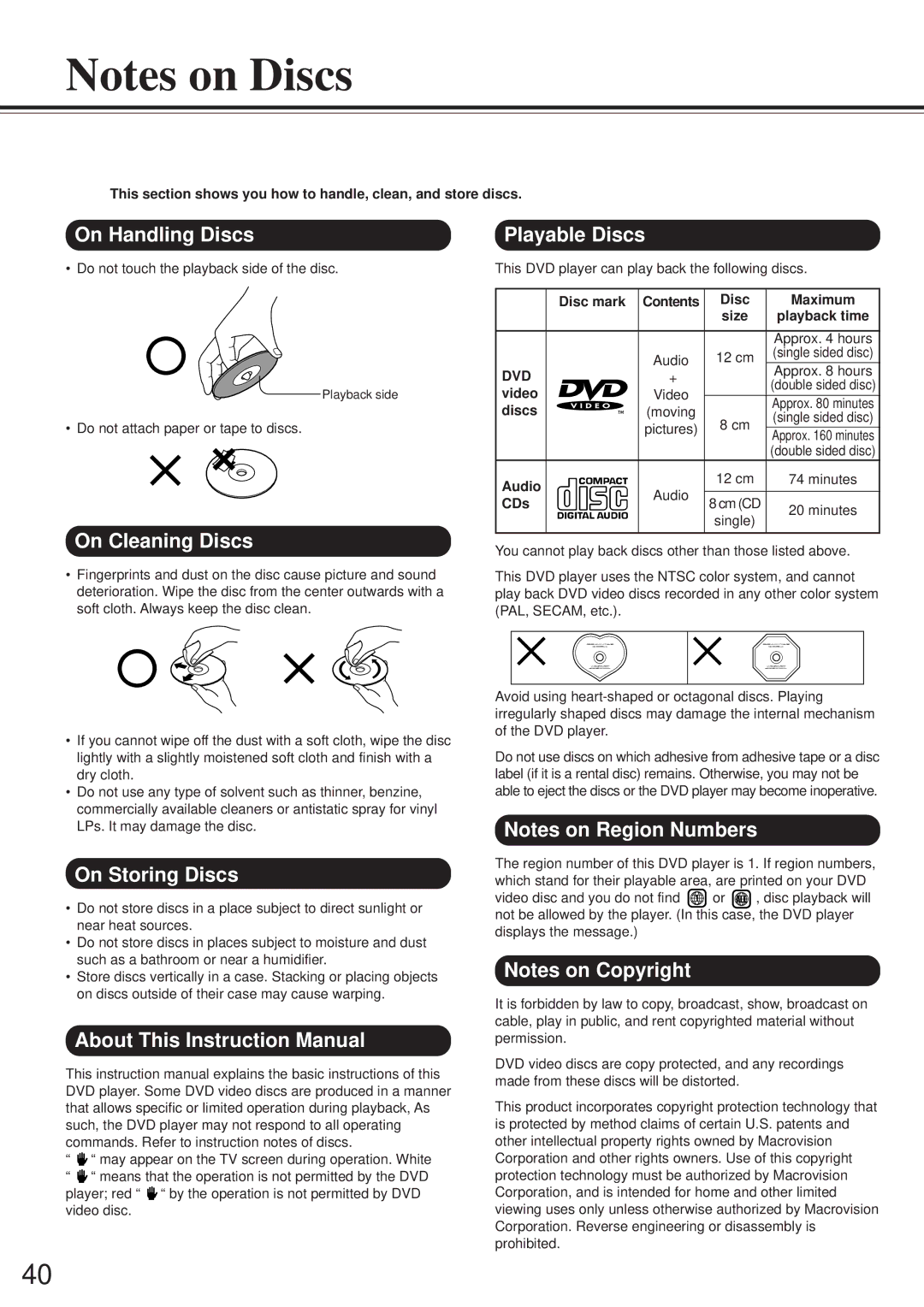 Onkyo DV-S501 instruction manual On Handling Discs, On Cleaning Discs, On Storing Discs, Playable Discs 